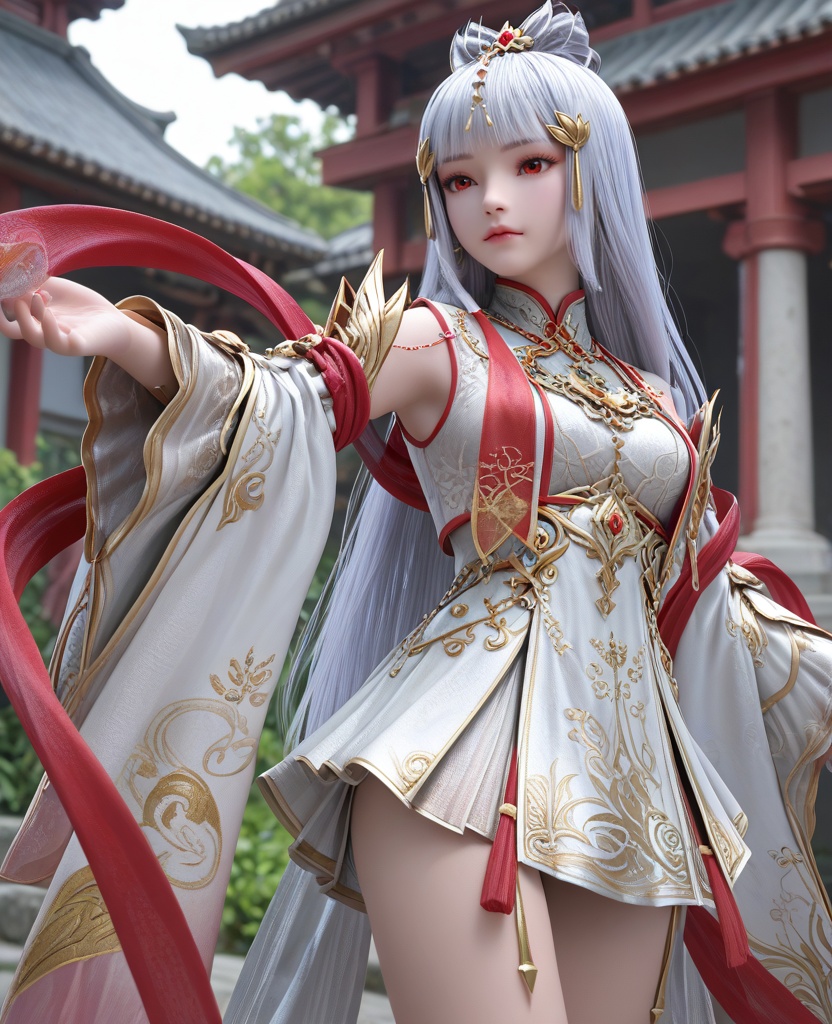 (oriental architecture, elegant decor, sophisticated style:1.1),standing, leg up,(breasts:1.2),<lora:XL16完美世界天神书院太阴玉兔:0.95>,miss taiyinyutu,white short dress,red eyes,hime cut,white hair,very long hair,hair ornament,red shawl,wide flowing sleeves,petite girl,tiered high-low skirt,see-through fart curtain,, zPDXL2, score_9, score_8_up, score_7_up BREAK realistic, masterpiece,best quality, highly detailed,, zPDXL3, zPDXL2,zPDXL, zPDXLxxx, zPDXLrl,