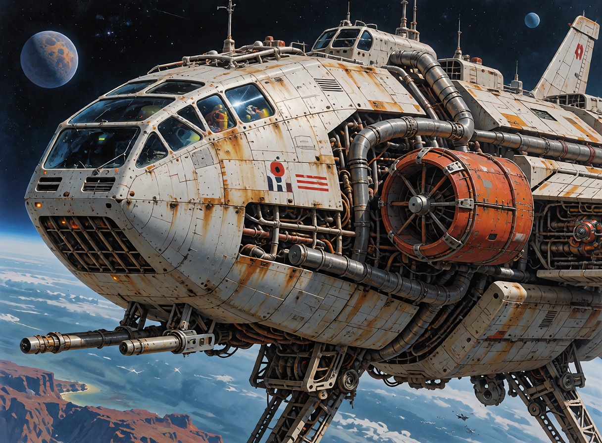 A massive industrial cargo spaceship with exposed pipes,  docking arms,  heavy containers on Tensor.Art