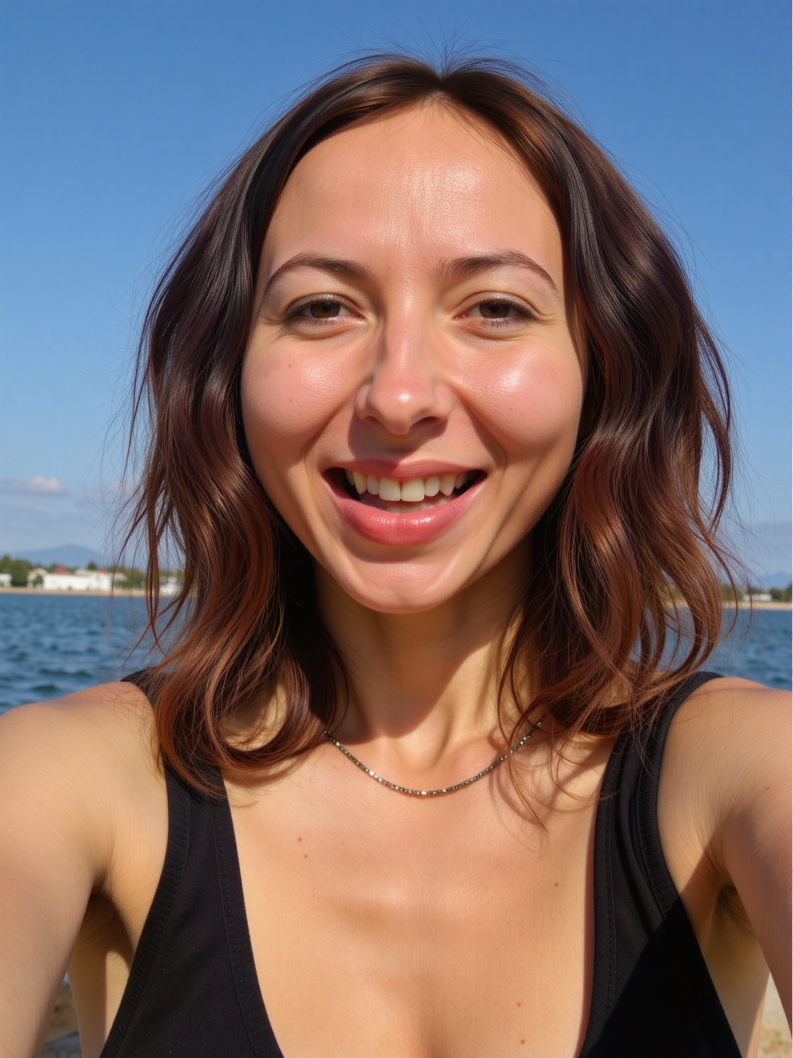 Elena_rela,  A woman is sticking out her tongue and winking,  wearing a black top and a necklace. The background is a brig...