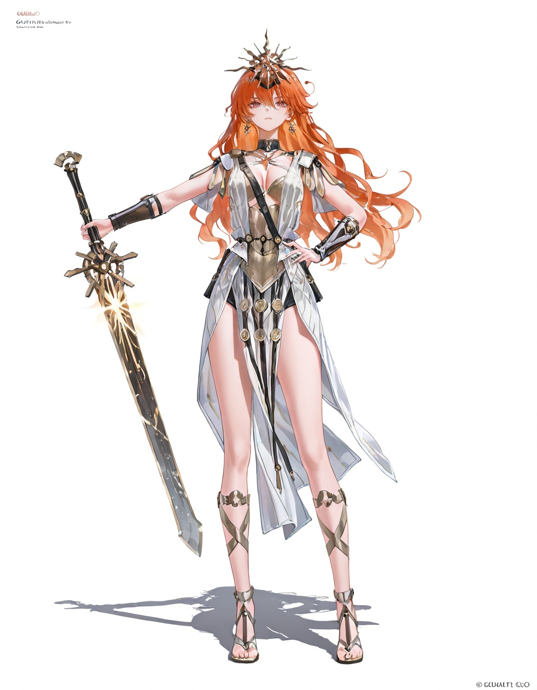8k,best quality,masterpiece,(ultra-detailed),(high detailed skin),(artist:reoen:0.826446),(artist:machi:0.9),(artist:ningen_mame:0.9),(artist:sho_(sho_lwlw):0.9),(artist:rhasta:0.9),(artist:wlop:0.7),(artist:ke-ta:0.6),(fkey:0.5),(tianliang duohe fangdongye:0.5),(hiten \(hitenkei\):0.6),best quality,amazing quality,(artist:onineko:0.826446),very aesthetic,bokeh,(solo:1.2),simple background,(white background:1.2),hand on own hip,(white background:1.1),full body,full shot,standing,looking at viewer,(solo:1.2),simple background,(white background:1.2),hand on own hip,(white background:1.1),<lora:Augusta-Iuno-ill-Tanger:0.8>,Augusta \(Wuthering Waves\),clothes: Augustadef gladiator armor clothes,Augustadef sunburst-style crown,1girl,jewelry,earrings,long hair,breasts,orange hair,Augustadef gladiator sandals,Augustadef  Belt ornaments,cleavage,Augustadef dress,holding sword, sword, weapon,