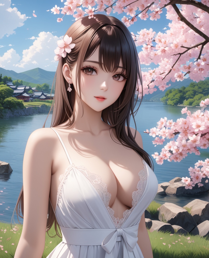 (,1girl, ,best quality, ),looking at viewer,masterpiece, (( , )),ultra realistic 8k cg, ,    ,cleavage,perfect cherry blossom, ,lace , (cleavage), (),