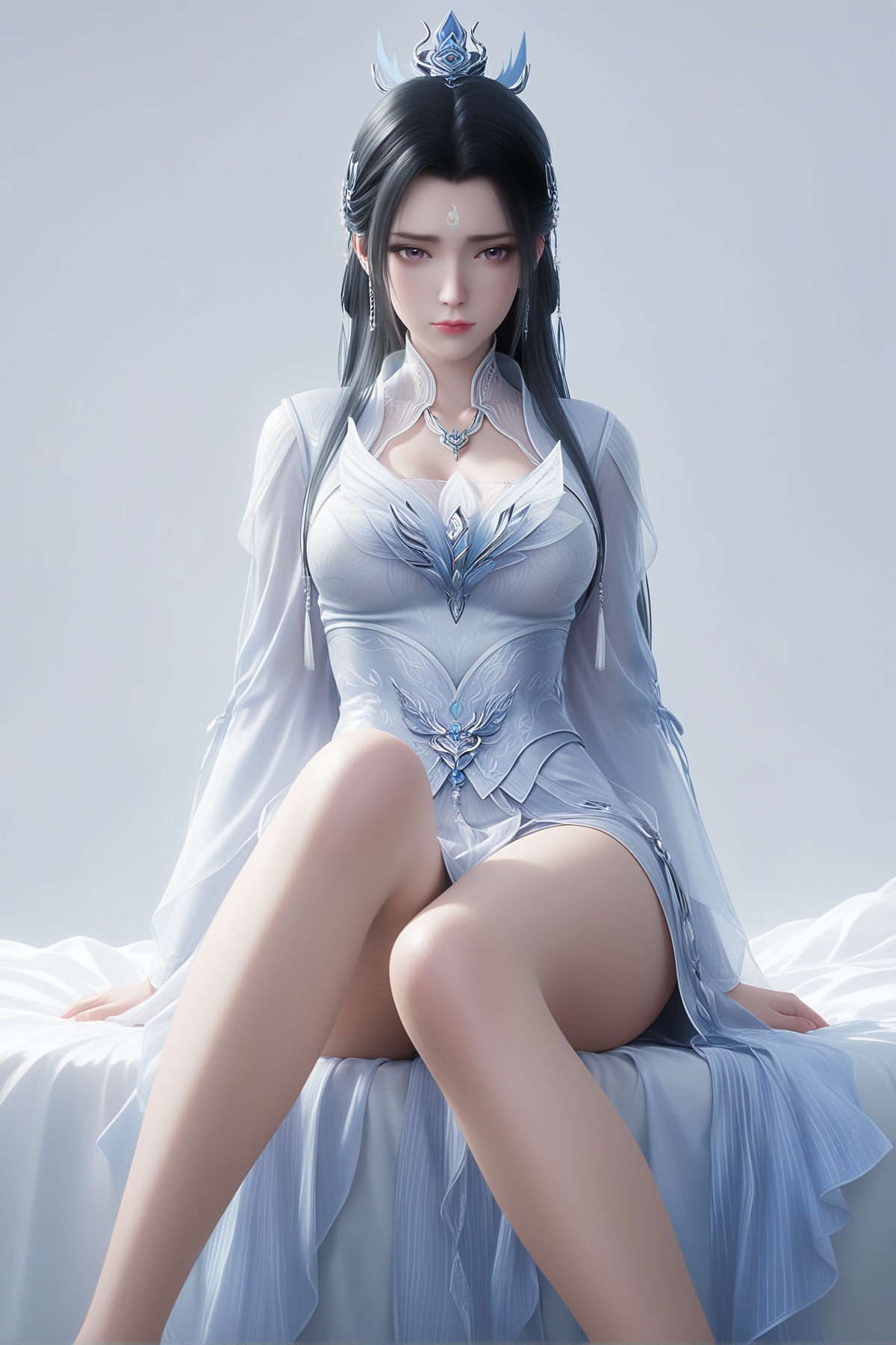 masterpiece,best quality,realistic,cinematic,detail eyes,(ultra-detailed),perfect composition,intricate details,absurdres,detailed face,high quality,high res,8K,<lora:X_luxueqi_x_IL3.0:0.8>,black hair,purple eyes,forehead mark,1girl,long hair,breast,medium breast,hair_ornament,dress,bare_legs,sitting,simple background,bed,