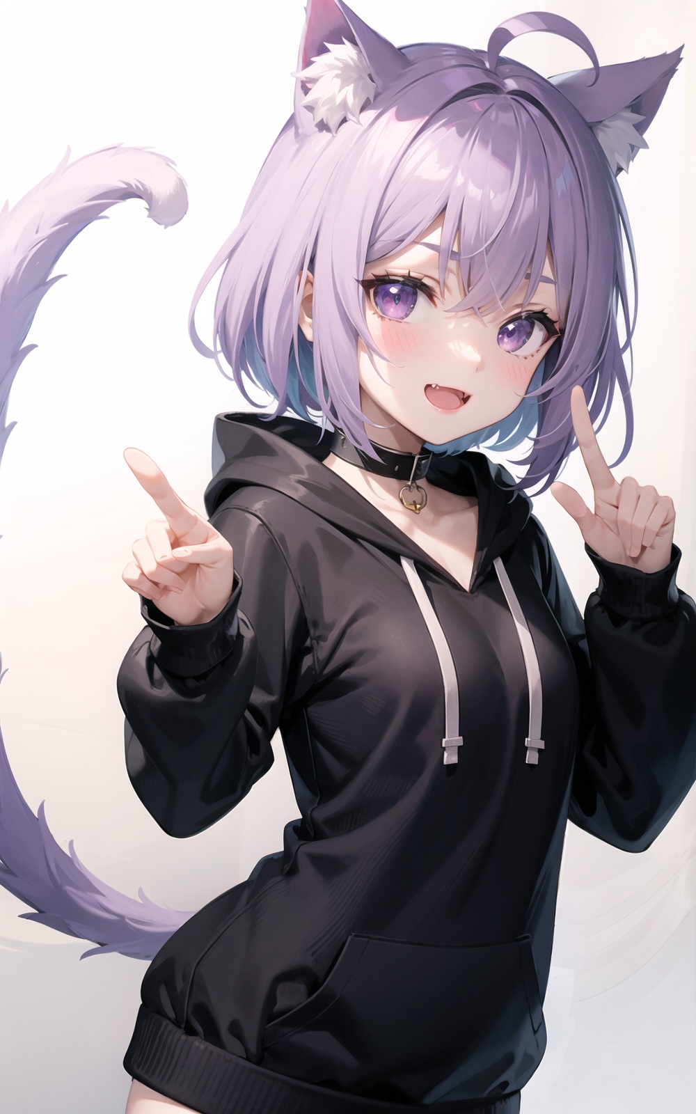 1girl, animal_ears, cat_ears, cat_tail, virtual_youtuber, nekomata_okayu, tail, hoodie, cat_girl, hood, purple_eyes, animal_ear_fluff, pointing, open_mouth, solo, ahoge, animal_collar, blush, black_hoodie, pointing_at_viewer, hair_between_eyes, looking_at_viewer, fang, white_background, :3, eyebrows_visible_through_hair, smile