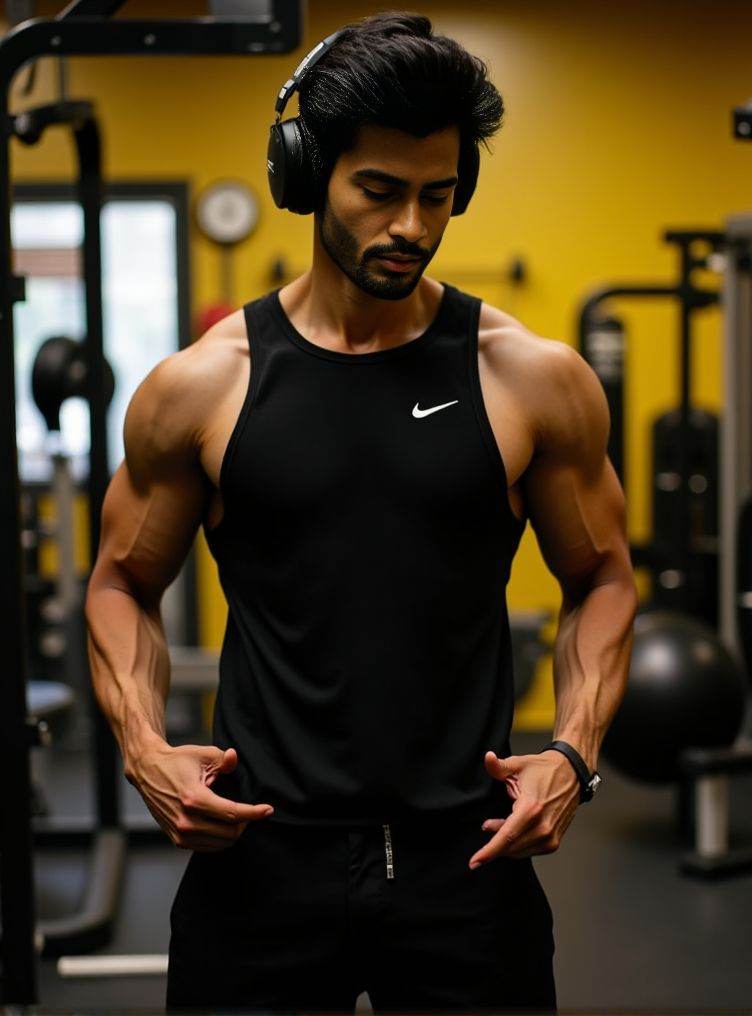 Rohit Khandelwal ,  A detailed low-angle image. in exceptional quality. He is in a gym with a predominance of black and a...