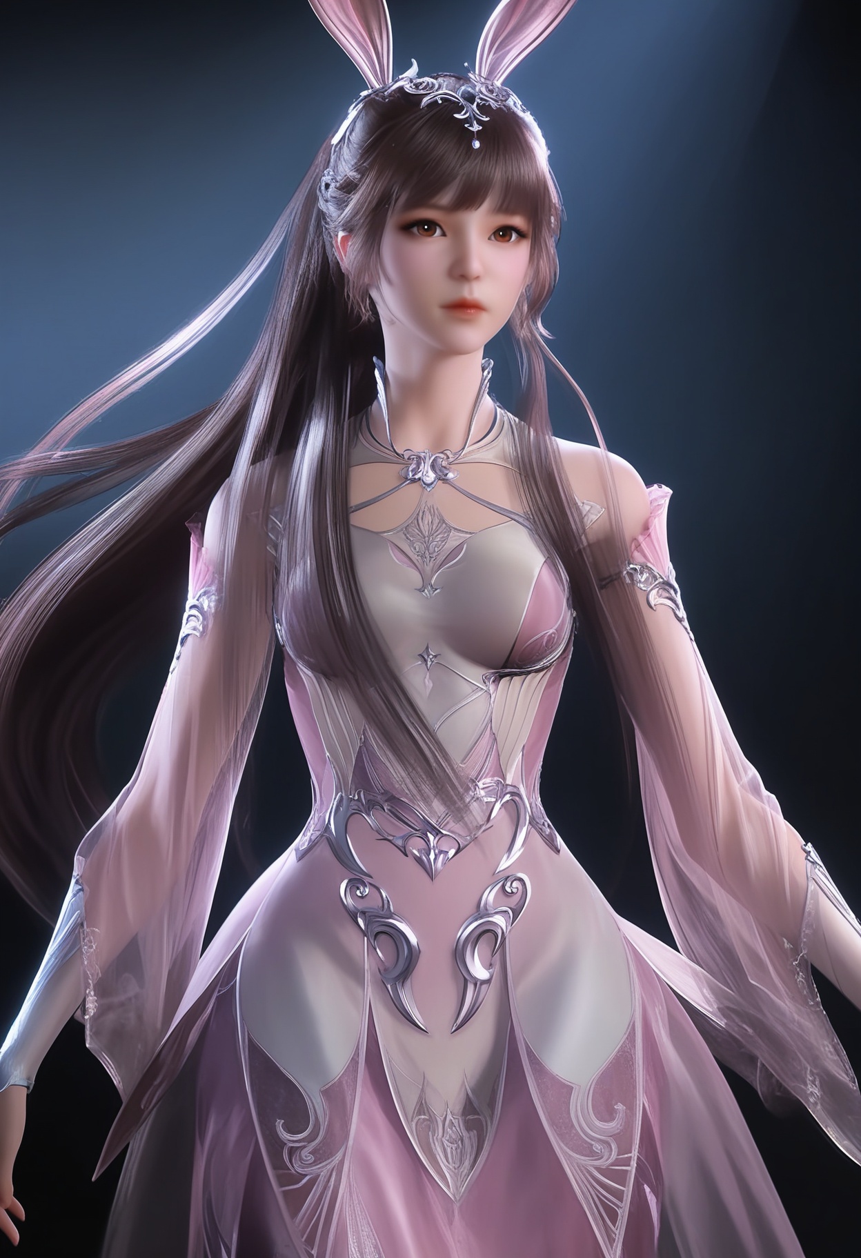 masterpiece,best quality,absurdres,highres,BREAK(glamor:1.1),slender,1girl,solo,<lora:小舞-ill:0.85>,xiaowu,long hair,brown hair,hair ornament,ponytail,bunny ears,brown eyes,jewelry,braid,see-through,pink dress,dress,long dress,looking at viewer,front view,light blush,cowboy shot,BREAKsimple background,black background,rim light,Tyndall effect,Volumetric Lighting,Cinematic Lighting,realistic,depth of field,