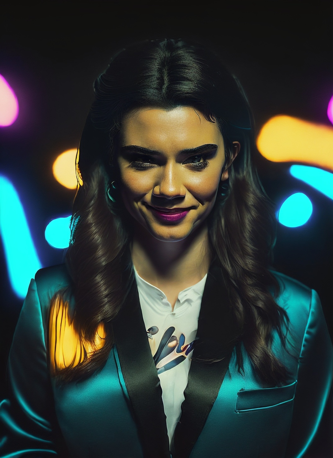 portrait of sks woman in tuxedo,  (perfect eyes),  energetic and colorful streams of light (photo on Tensor.Art
