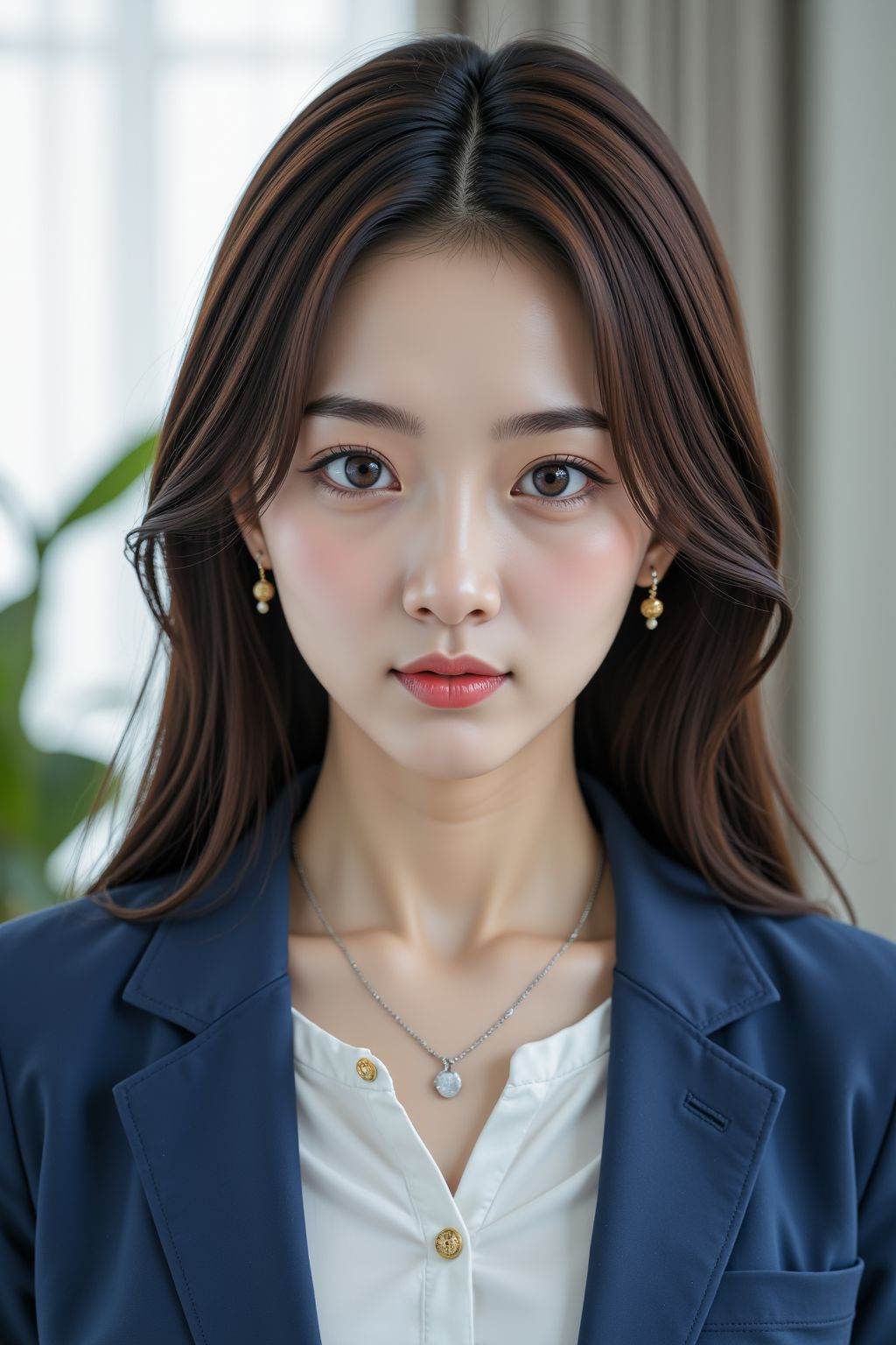 HDR photo of cinematic film still, This is a highly realistic digital illustration of a young Asian woman with fair skin and long, straight, dark brown hair. She has delicate features, large expressive eyes with subtle makeup, and red lips. She is wearing a white button-up blouse under a blue blazer with gold buttons, and a silver necklace. The background is a softly lit, minimalistic room with a green plant on the left.