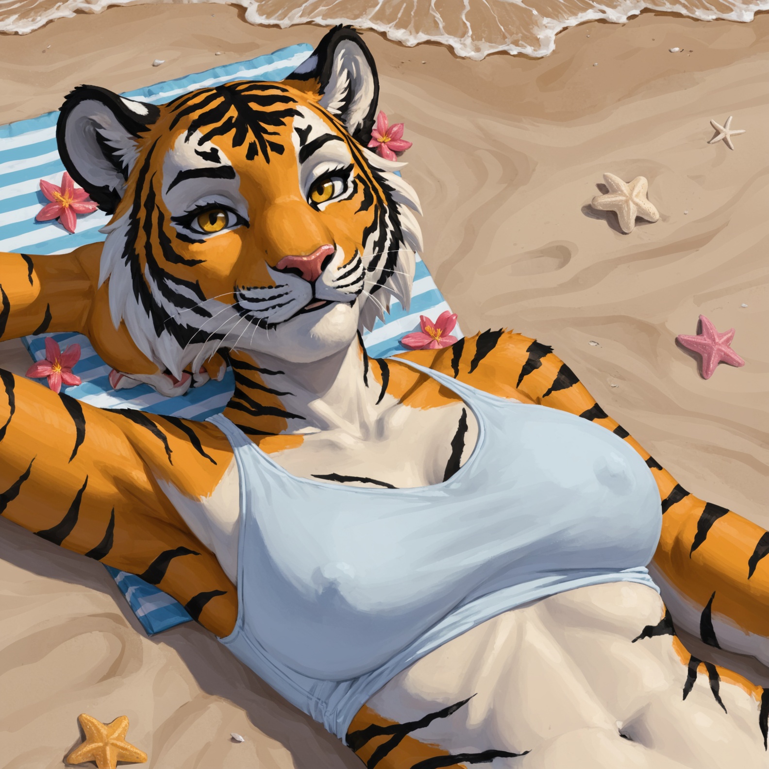 closeup artwork,  anthro tiger female,  laying on a beach on Tensor.Art