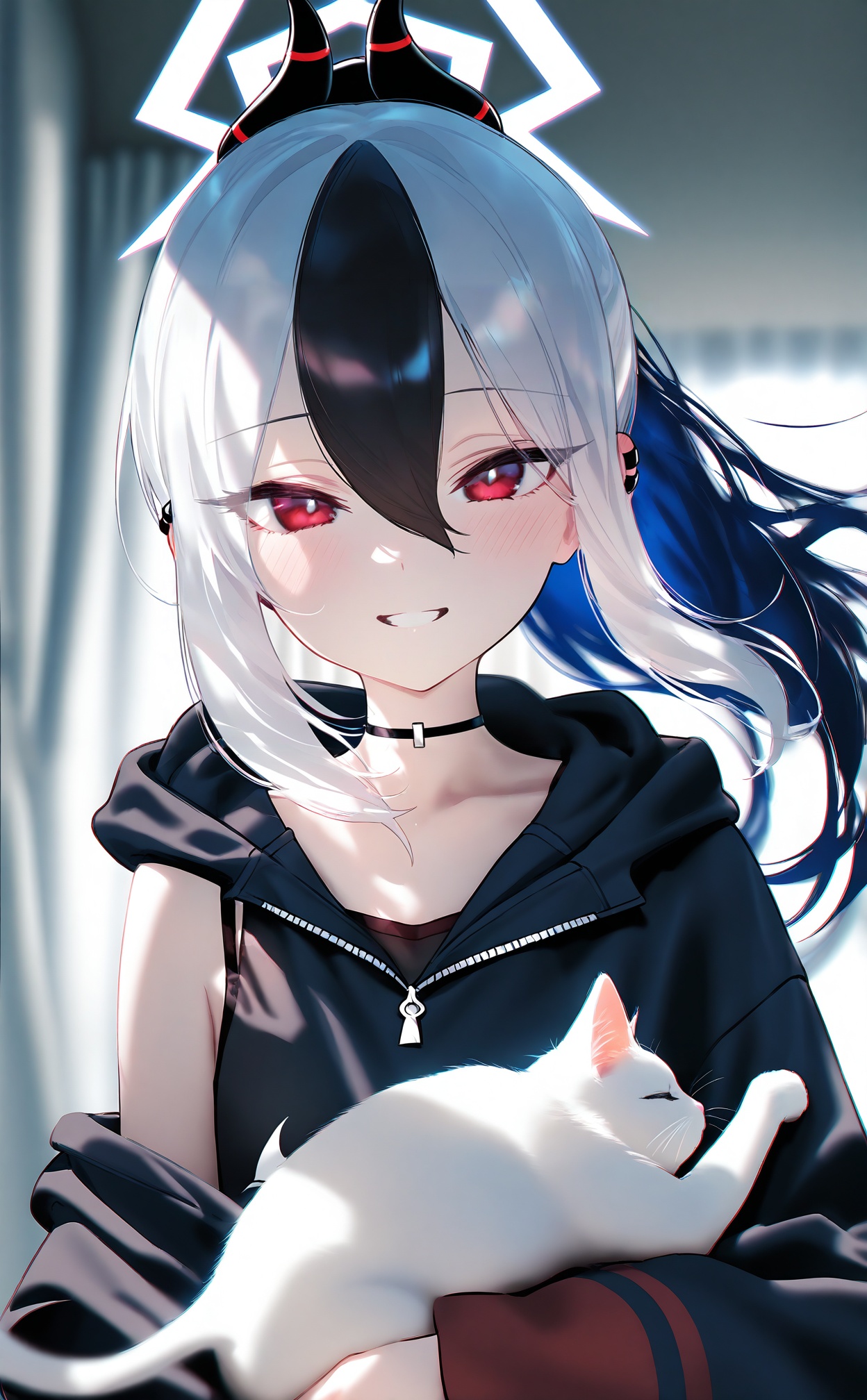 masterpiece,best quality,high quality,loli,chromatic_aberration,//,1girl, kayoko (blue archive), horns, cat, red eyes, black hair, halo, smile, multicolored hair, white hair, animal, holding, solo, jacket, ponytail, demon horns, looking at viewer, black choker, holding animal, hair between eyes, choker, hood, two-tone hair, upper body, long sleeves, black jacket, holding cat, **** top, black horns, grey halo, off shoulder, single bare shoulder, sidelocks, camisole, black hoodie, hoodie, collarbone, blurry, grin, blush, hooded jacket, black camisole, blurry background, curtains, parted lips//,//,official art,depth of field,detailed light,blurry background,cinematic lighting,ray tracing,ultra detailed,god rays,backlighting,photo background,film grain,chromatic aberration,volumetric lighting,depth of field,blurry background,shiny skin,floating hair,cinematic lighting,day,very aesthetic,//,<lora:MAQ1109——【noob】hans:1>,
