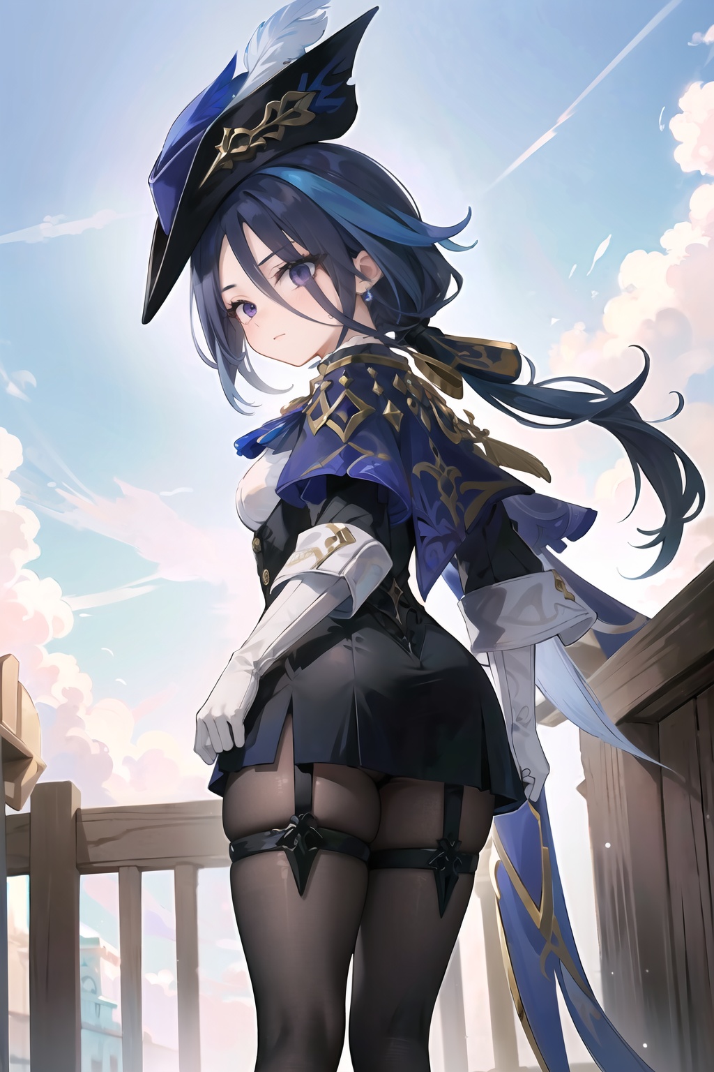 (masterpiece, best quality:1.2),insanely detailed,absurdres,ultra-highres,ultra-detailed,best quality,slender,kawaii,perfect symmetrical face,ultra cute girl,ultra cute face,ultra detailed eyes,ultra cute,ultra beautifu,clorinde \(genshin impact\),1girl,solo,purple eyes,hat feather,tricorne,white gloves,low ponytail,blue cape,blue hair,epaulettes,black pantyhose,ascot,breasts,black skirt,corset,blue headwear,boots,leg garter,black corset,shirt,earrings,<lora:clorinde-000001:1>,sky,outdoors,standing,from behind,looking down,
