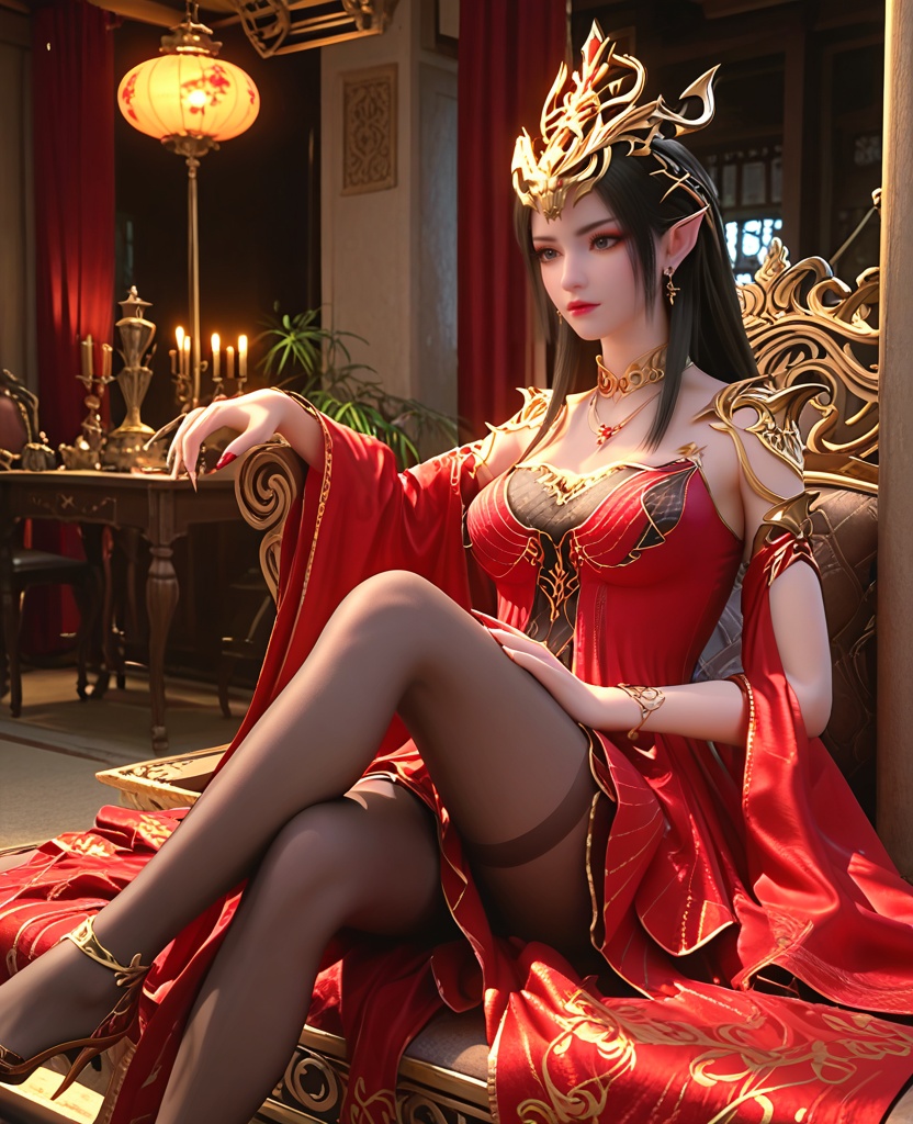 (oriental architecture, elegant decor, sophisticated style:1.1),(sitting against the wall:1.1),(breasts:1.2),<lora:XL斗破苍穹美杜莎女王装:0.85>,meidusha queen,red fringed dress layered on top of lace corset bra,red fringed dress,lace corset bra,shoulder armor,bare shoulders,pointy ears,crown,black hair,long hair,jewelry,earrings,necklace,detached sleeves,pantyhose,lace inner skirt,blue eyes,, score_9,score_8_up,score_7_up,score_6_up,score_5_up,score_4_up,3d rendering,tag1,tag2, Cinematic Lighting,backlighting,