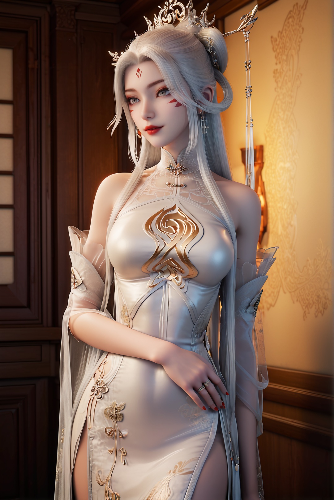 score_9,score_8 up,score_7,1girl,solo,3d,ultra-detailed,high resolution,perfect lighting,flawless skin,sharp focus,extremely detailed anatomy,Exquisite Craftsmanship,High-Resolution Beauty,Unparalleled Artistic Quality,(masterpiece:1.2),best quality,official art,extremely detailed CG unity 8k wallpaper,<lora:小白-诛仙:0.7>,bare shoulders,chinese clothes,dress,eye focus,facial mark,grey eyes,hair ornament,indoors,long hair,parted bangs,red lips,red nails,white dress,
