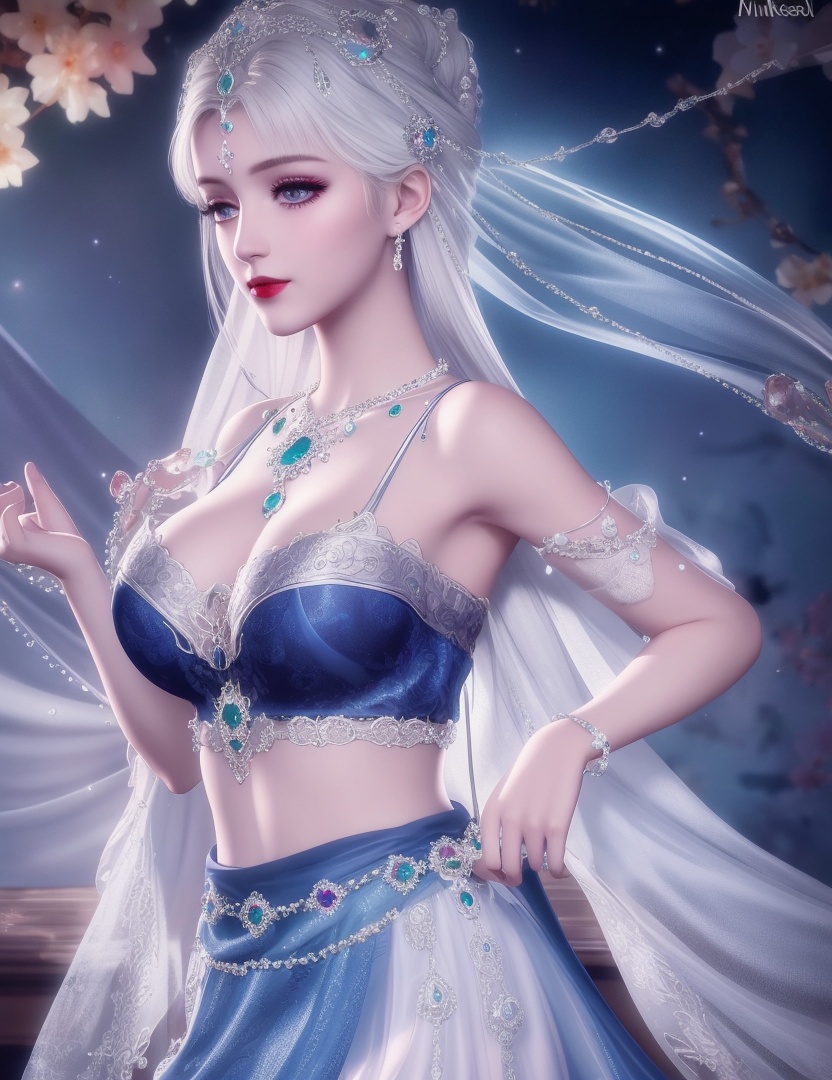 ultra realistic 8k cg, picture-perfect face, flawless, clean, masterpiece, professional artwork, famous artwork, cinematic lighting, cinematic bloom, perfect face, beautiful face, fantasy, dreamlike, unreal, science fiction, huge breasts, beautiful clothes, lace, lace trim, lace-trimmed legwear, (rich:1.4), prestige, luxury, jewelry, diamond, gold, pearl, gem, sapphire, ruby, emerald, intricate detail, delicate pattern, charming, alluring, seductive, erotic, enchanting, hair ornament, necklace, earrings, bracelet, armlet,halo ((,1girl:1.5,   solo, ))<lora:DA_NikkiChangEr2.0:0.6>