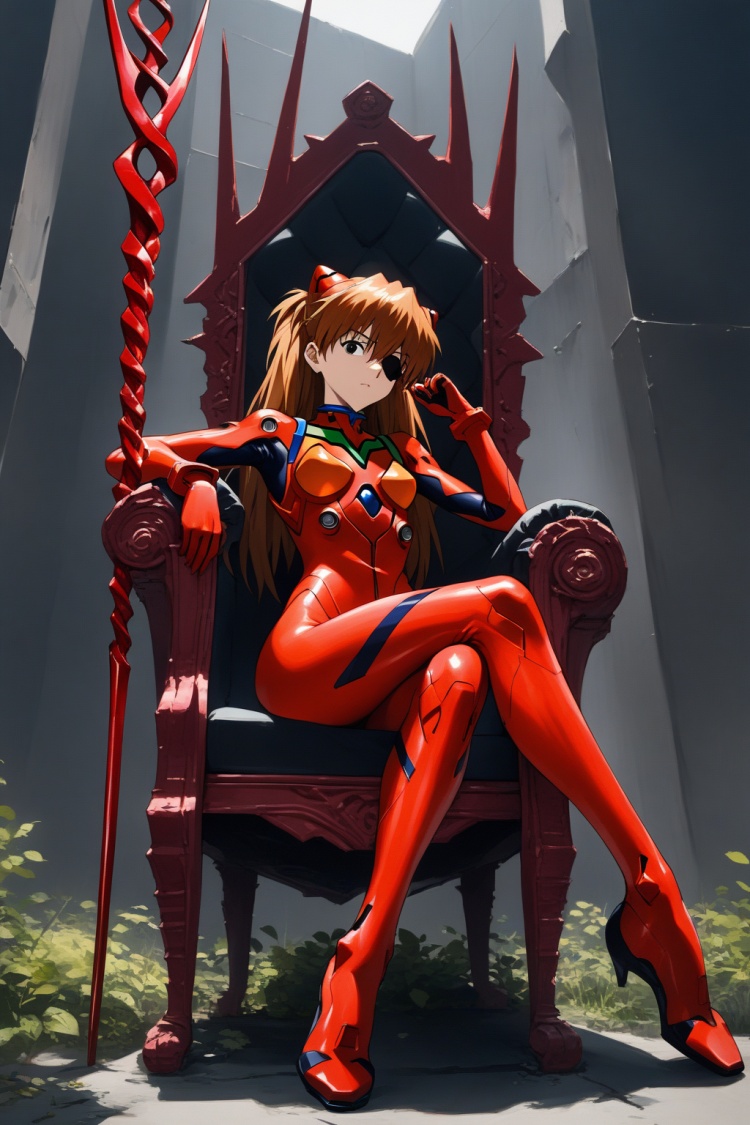 1girl, souryuu asuka langley, neon genesis evangelion, rebuild of evangelion, lance of longinus, cat hat, plugsuit, pilot suit, red bodysuit, sitting, crossed legs, black eye patch, throne, looking down, from bottom, looking at viewer, outdoors, masterpiece, best quality, very aesthetic, absurdres