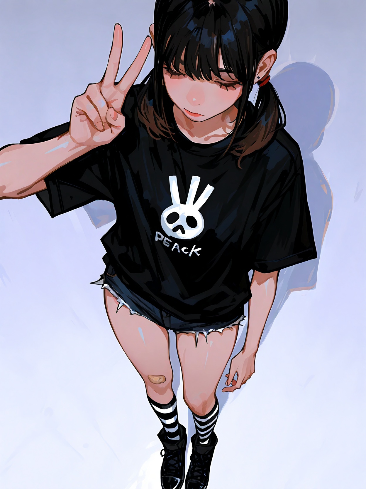 1girl,low twintails,Trim T-shirt,short shorts,striped thigh-high socks,thick things,punk BREAK peace sign,from above,standing BREAK masterpiece,best quality,absurdres,very aesthetic BREAK