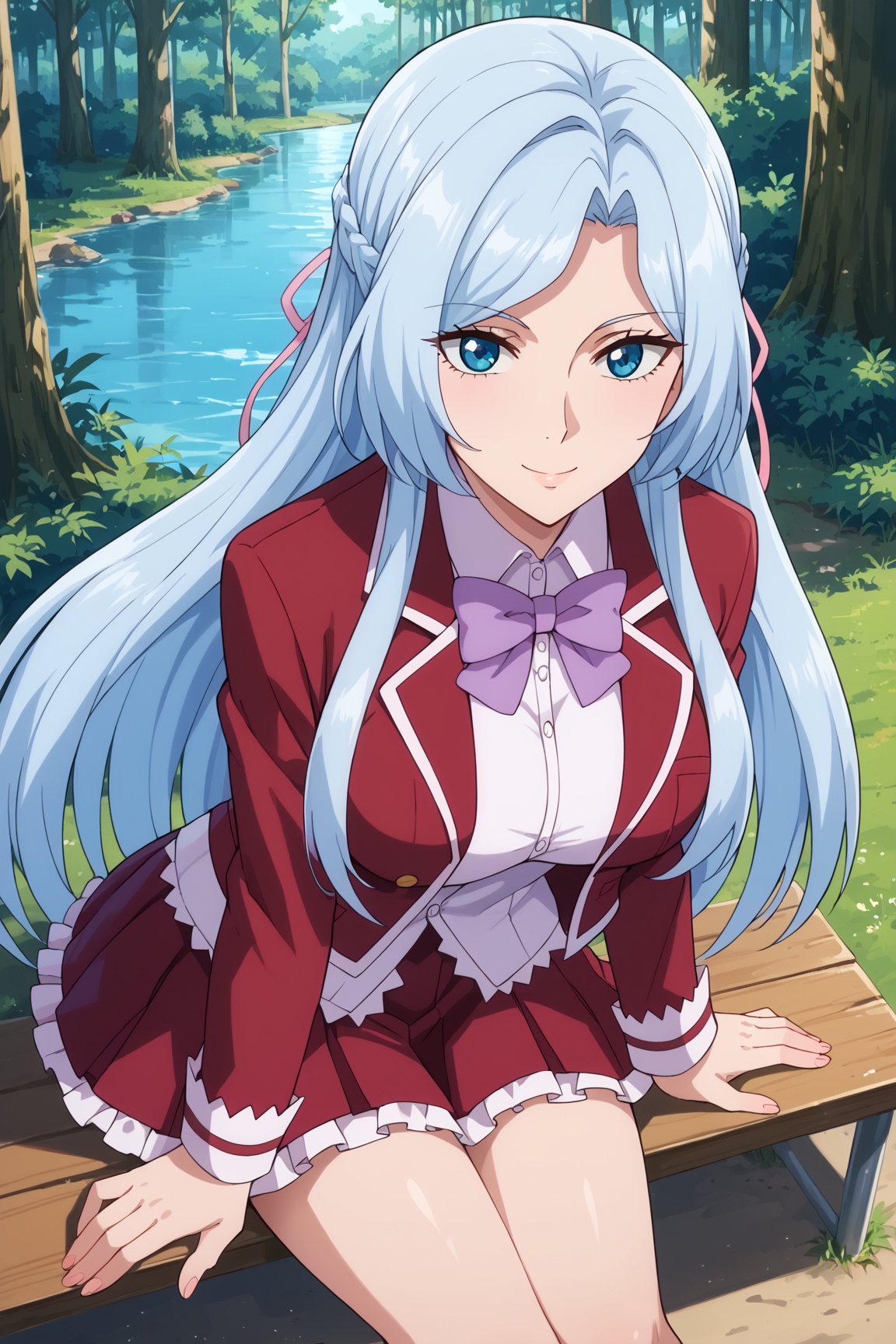 bent_over,sitting,hand_to_mouth,light smile,1girl,large breasts,mature female,score_9,score_8_up,score_7_up,source_anime,blue eyes,light blue hair,long hair,hair ribbon,pink ribbon,purple bow,school uniform,shirt,collared shirt,white shirt,jacket,open jacket,red jacket,cropped jacket,sleeves,long sleeves,skirt,red skirt,frilled skirt,forest,<lora:Xue:1.2>,Muningxue,day,looking_at_viewer,from_above,