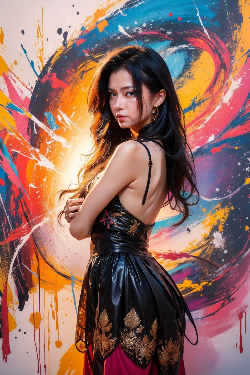 masterpiece,best quality,ultra high res,1girl,tashan,colorful,<lora:踏山听海【炫彩】-v1:0.7>,A talented artist whose works have been displayed at prestigious galleries around the world.,