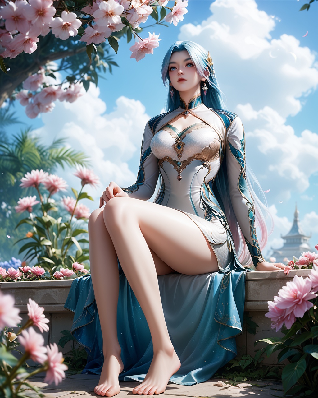 1girl,solo,long hair,breast,medium breast,earrings,hair_ornament,dress,bare_legs,(gaden:1.1),(flower:1.1),sitting,sky,day,thick_thighs,blue hair,blue eyes,blue to pink gradient hair,legs_together,white_dress,barefoot,<lora:wy_wangqiuer_XL5.0:0.8>,, score_9,score_8_up,score_7_up,score_6_up,score_5_up,score_4_up,