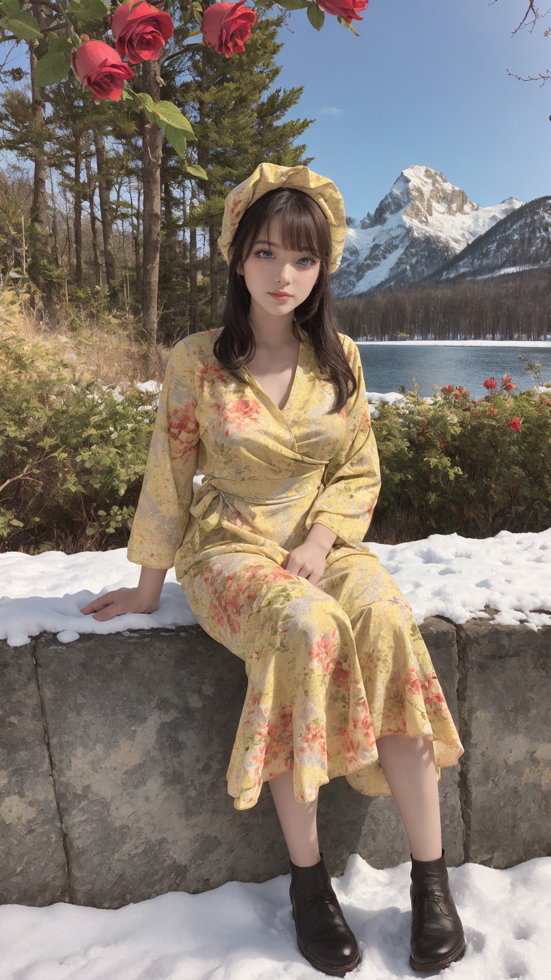 tutututu,floral print,dress,yellow flower dress,long sleeves,obi,<lora:yellow_dress_V2-000003:0.65>,masterpiece,best quality,realistic,masterpiece,best quality,winter,snow field,1girl,bangs,blue eyes,blunt bangs,bonnet,brown footwear,brown hair,fruit,full body,hat,long hair,long sleeves,looking at viewer,pantyhose,red flower,red rose,rose,shoes,sitting,solo,sky,sun,mountain,forest,lake,