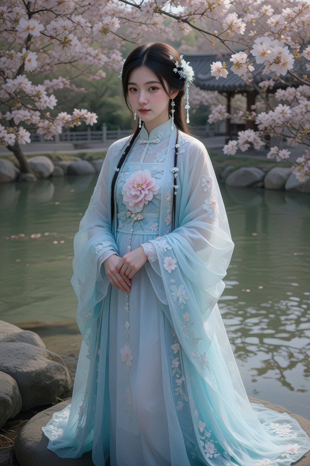 This is a beautiful,  serene photograph of a young woman in an elegant,  traditional Chinese dress by 天TIN on Tensor.Art