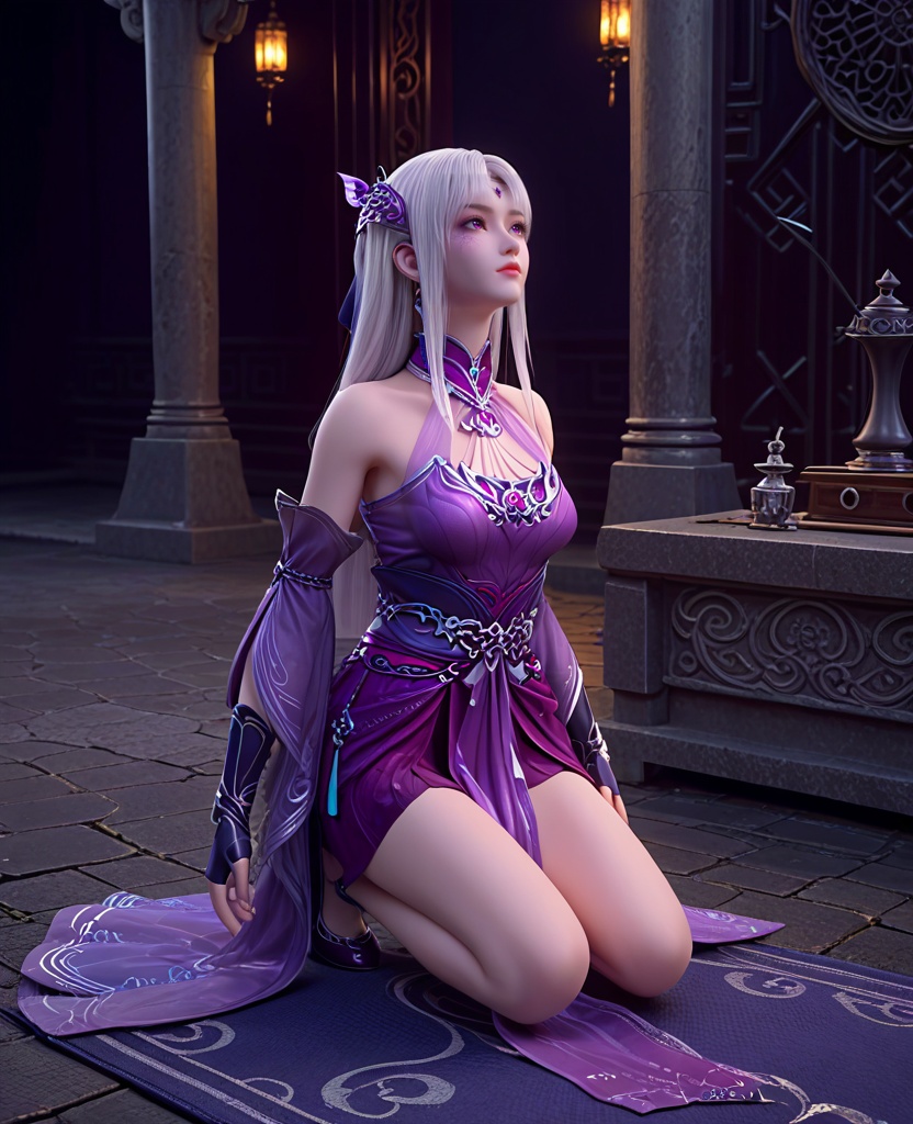 (oriental architecture, elegant decor, sophisticated style:1.1),(Kneeling on one knee, looking up,:1.1),(breasts:1.2),<lora:XL斗破苍穹小医仙P:0.85>,elder sister,purple dress,white hair,bangs,hair ornament,bare shoulders,brown eyes,purple veil,jewelry,fingerless gloves,blue footwear,sash,cracked skin,purple eyes,, score_9,score_8_up,score_7_up,score_6_up,score_5_up,score_4_up,3d rendering,tag1,tag2, Cinematic Lighting,backlighting,