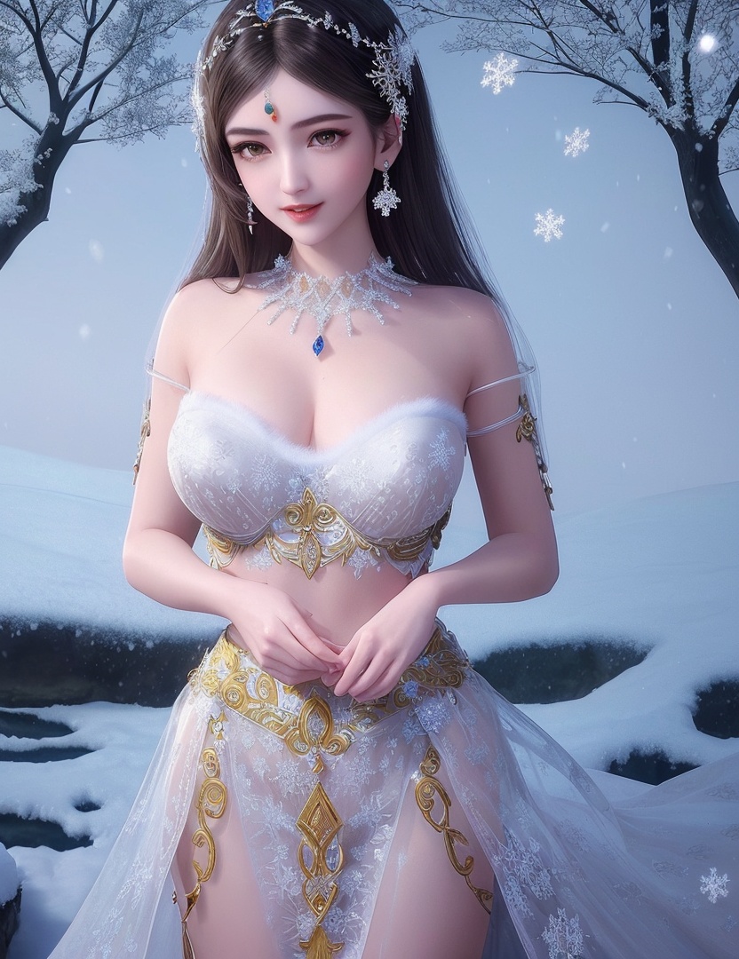 ultra realistic 8k cg, flawless, clean, masterpiece, professional artwork, famous artwork, cinematic lighting, cinematic bloom, perfect face, beautiful face, fantasy, dreamlike, unreal, science fiction,   lace, lace trim, lace-trimmed legwear, luxury, jewelry, diamond, gold, pearl, gem, sapphire, ruby, emerald, intricate detail, delicate pattern, charming, alluring, seductive, erotic, enchanting, hair ornament, necklace, earrings, bracelet, armlet,halo,autumn,((,1girl, pov,best quality, ))  , ((((1girl, solo,outdoors, large breasts,,snowflakes,  snow, snowing,   ))))    <lora:DA_BaiCai:0.7>