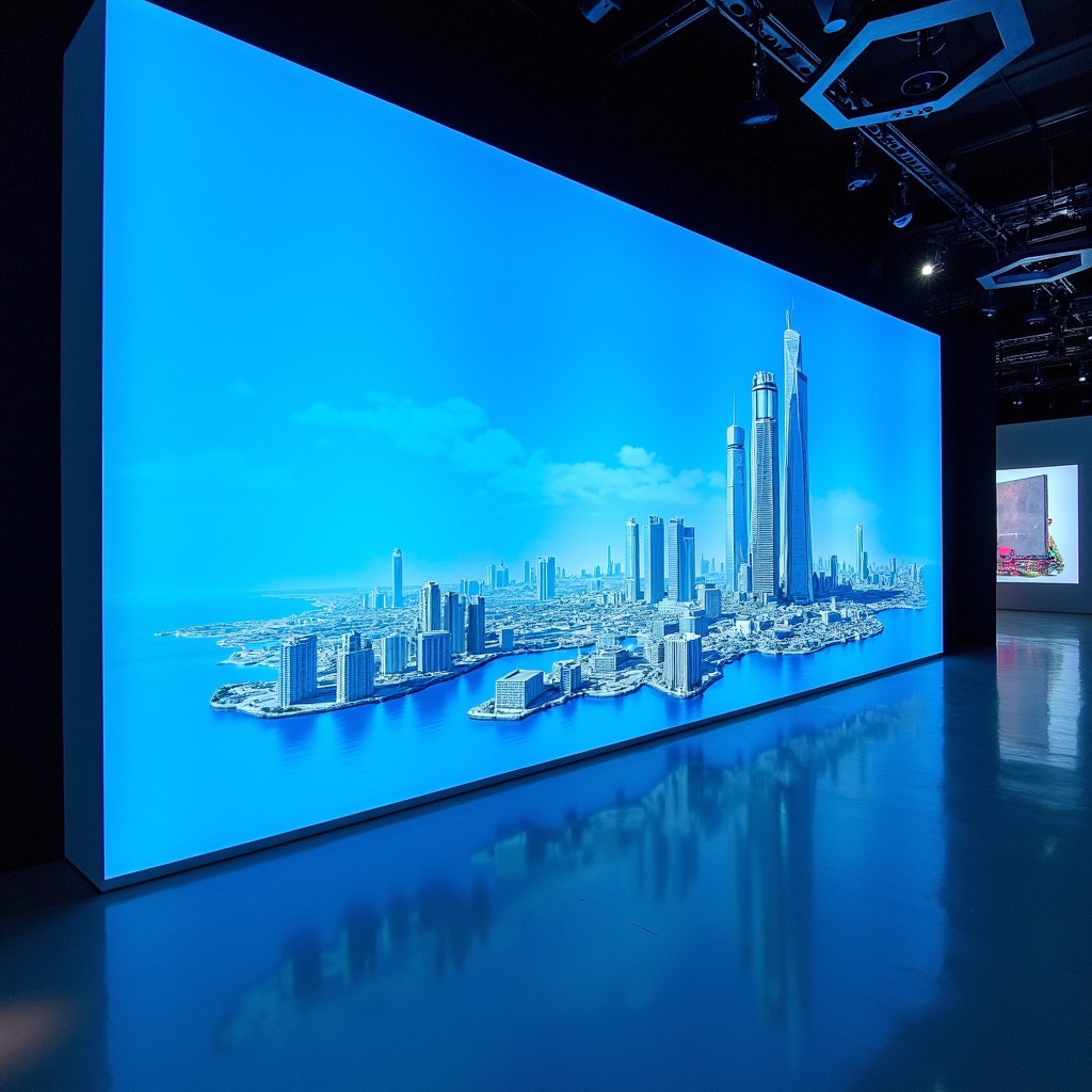there is a large blue display with a model of a city in it,led display,giant led screens,3dexcite,led displays,bright blue future,transparent building,global lighting,exhibition display,digital displays,corporate holograms,transparent glass surfaces,large led screens,huge glass structure,exhibition hall lighting,sony 14mm f2.8,qled,sigma 1 0 - 2 0 mm,large commercial led screens,technological longcoat,huge viewscreen at front,zeiss 14mm f1.8,giant hall,autodesk blueprint,megastructure background,zeiss 18mm f2.8,futuristic hall,wide angle exterior 2022,led screens,zeiss 24mm f2.8,promotional still wide angle,dynamic blue sky,photograph of 3d ios room,