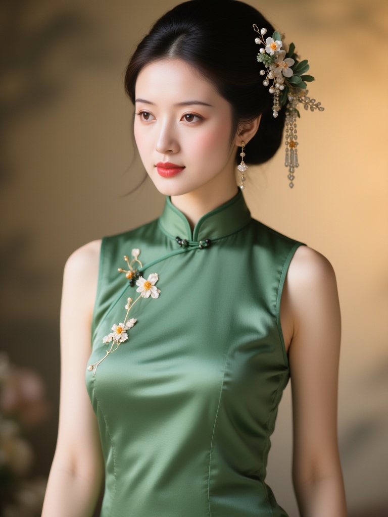 shangft,an Asian woman with fair skin and a slender physique, wearing a green silk cheongsam with floral embroidery. Her hair is styled in an elegant bun adorned with a floral hairpiece. She has a serene expression and is wearing delicate earrings. The background is softly lit with a warm, beige tone.<lora:S-T-古风写实_S1.03:1>