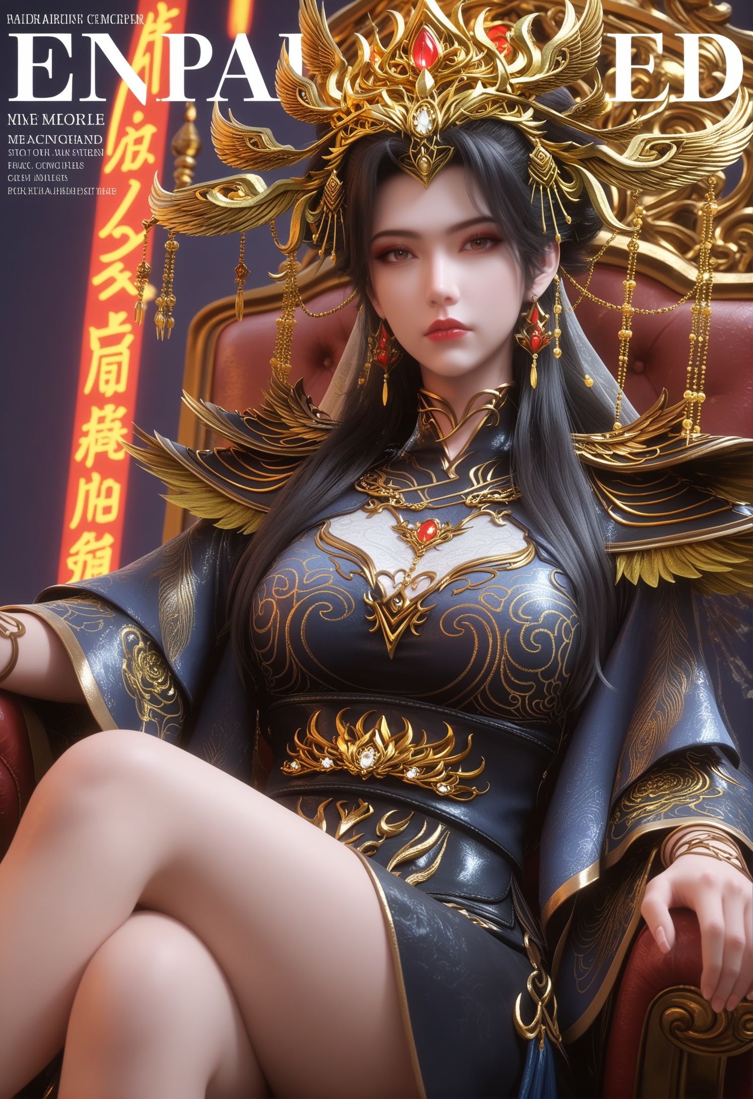 score_9,score_8_up,score_7_up,1girl,solo,realistic,(looking at viewer:1.1),sitting,(crossed_legs:1.3),1girl,solo,realistic,dress,chinese clothes,breastplate,embroidery,black flower,black robe,black dress,feathers,shoulder armor,shoulder pads,armor,long dress,red gemstone,long sleeves,(gold trim:0.7),floral print,clothing cutout,1girl,solo,realistic,jewelry,(tiara:1.3),gem,(crown:1.2),(headdress:1.1),headpiece,hair beads,gold chain,beads,hair ornament,earrings,metal collar,1girl,solo,realistic,(mature face:1.2),big eye,(pale_skin:1.1),shiny_skin,slender face,long hair,black hair,brown hair,hair bun,brown eyes,eyelashes,makeup,eyeliner,eyeshadow,lipstick,closed mouth,realistic,black_theme,(solid background:1.2),simple background,(magazine cover theme:1.15),throne,<lora:小巳-炽阳瑾:0.85>,