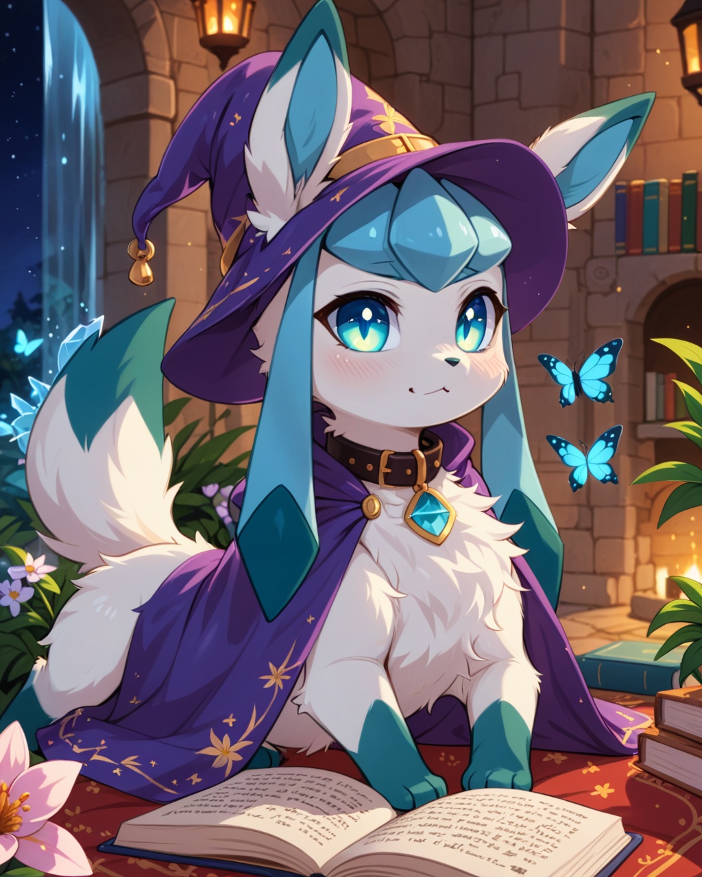 quadruped feral glaceon,  excessive fluff,  wizard hat on Tensor.Art