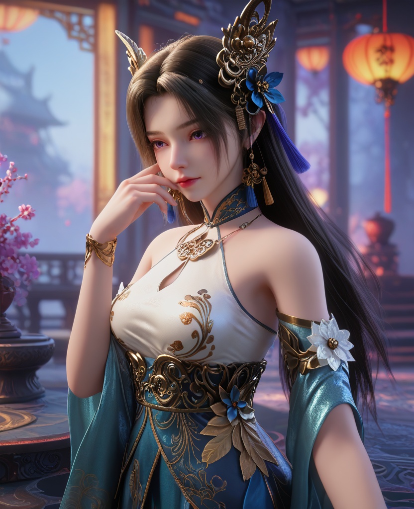 (oriental architecture, elegant decor, sophisticated style:1.1),(head tilt:1.1),(breasts:1.2),<lora:XL16克金玩家璎珞:0.95>,miss yingluo,blue peplum gown with white corset,violet eyes,black hair,long hair,hair ornament,necklace,jewelry,bracelet,black pantyhose,wide flowing sleeves,faux floral embellishments,, score_9,score_8_up,score_7_up,score_6_up,score_5_up,score_4_up,3d rendering,tag1,tag2, Cinematic Lighting,backlighting,, zPDXL3, zPDXL2,zPDXL, zPDXLxxx, zPDXLrl,