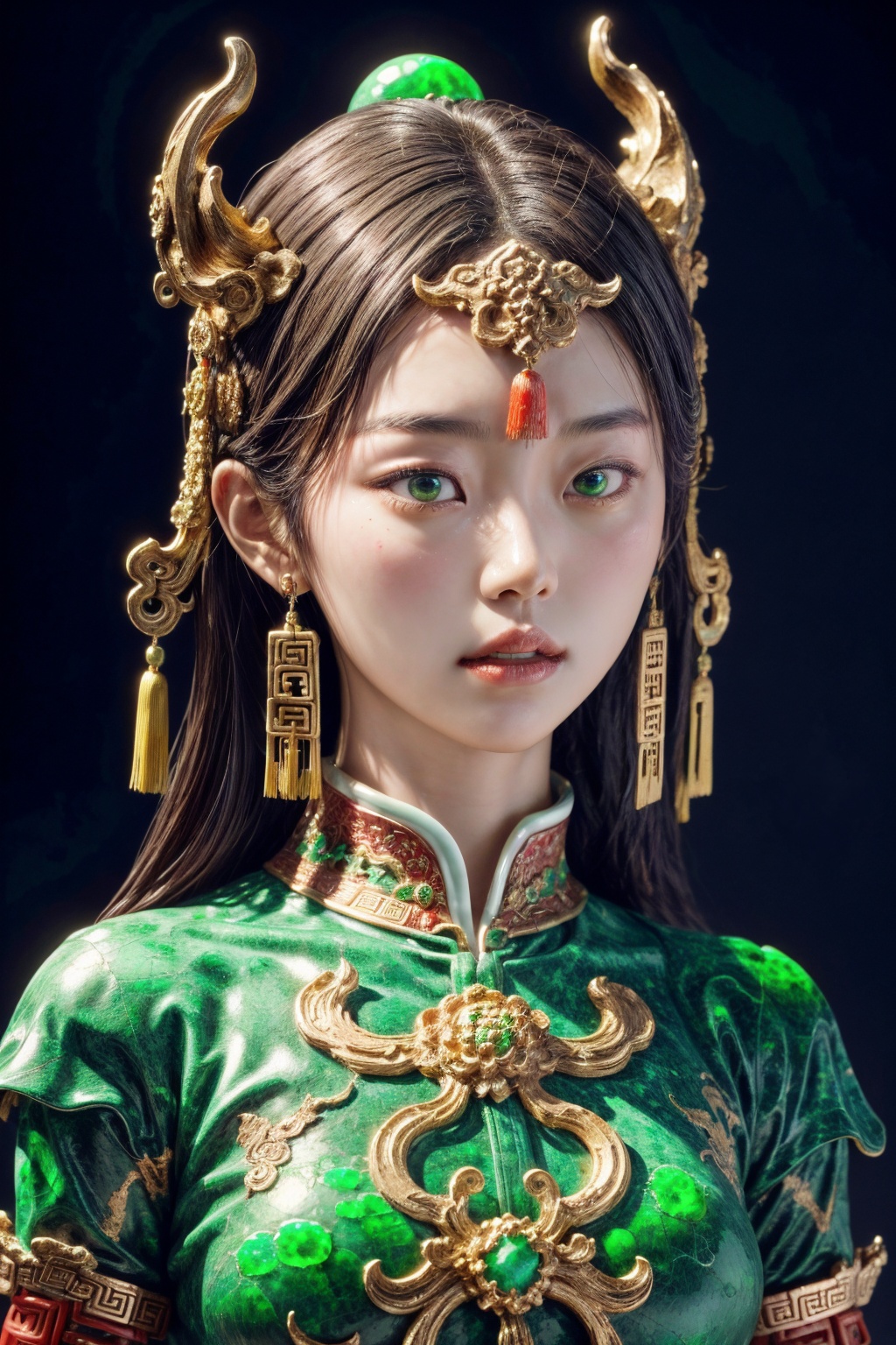 1girl,(cowboy shot:1.3),(chinese clothes:1.3),collar,jade,jade statue,porcelain skin,porcelain face,porcelain,green gemstone,colored skin,<lora:少女日记1.0_v4-000016:0.6>,<lora:add_more_details:0.4>,<lora:逃离博物馆-玉美人1.0_v4-000016:0.6>,simple background,
