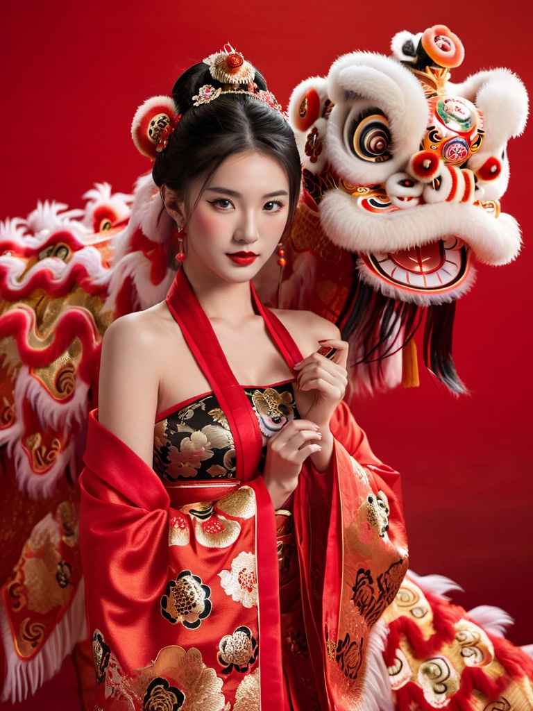 1girl,  big lion head,  bare shoulders on Tensor.Art