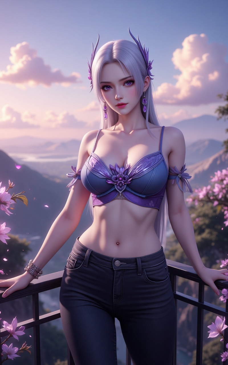 xiaoyixian,lvjing,white hair,long hair,purple eyes,jewelry,hair_ornament,1girl,breasts,solo,jewelry,earrings,crop top,looking at viewer,cleavage,pants,against railing,flower,midriff,outdoors,jeans,sky,large breasts,railing,bare shoulders,denim,collarbone,closed mouth,cloud,standing,camisole,bare arms,sleeveless,blurry,navel,spaghetti strap,bracelet,sunset,black pants,cover,simple background,gradient_background,Close-up details,outstanding style,adding a touch of dimension to your images without compromising details,close-up,