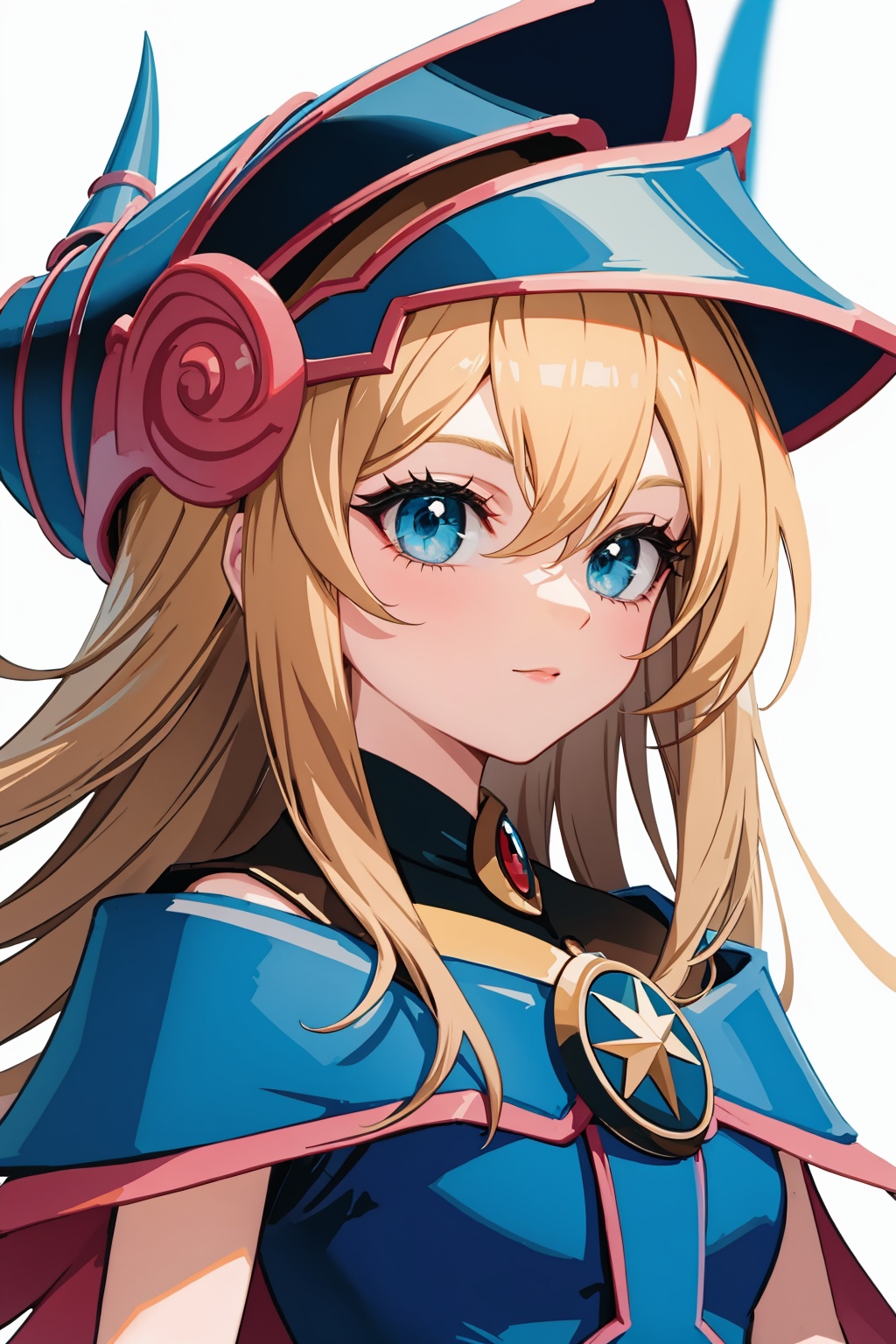 masterpiece,best quality, highly detailed, portrait,close-up,upper body,dark magician girl,1girl,solo,duel monster,wizard hat<lora:dark_magician_girl:1>,simple background,white background,