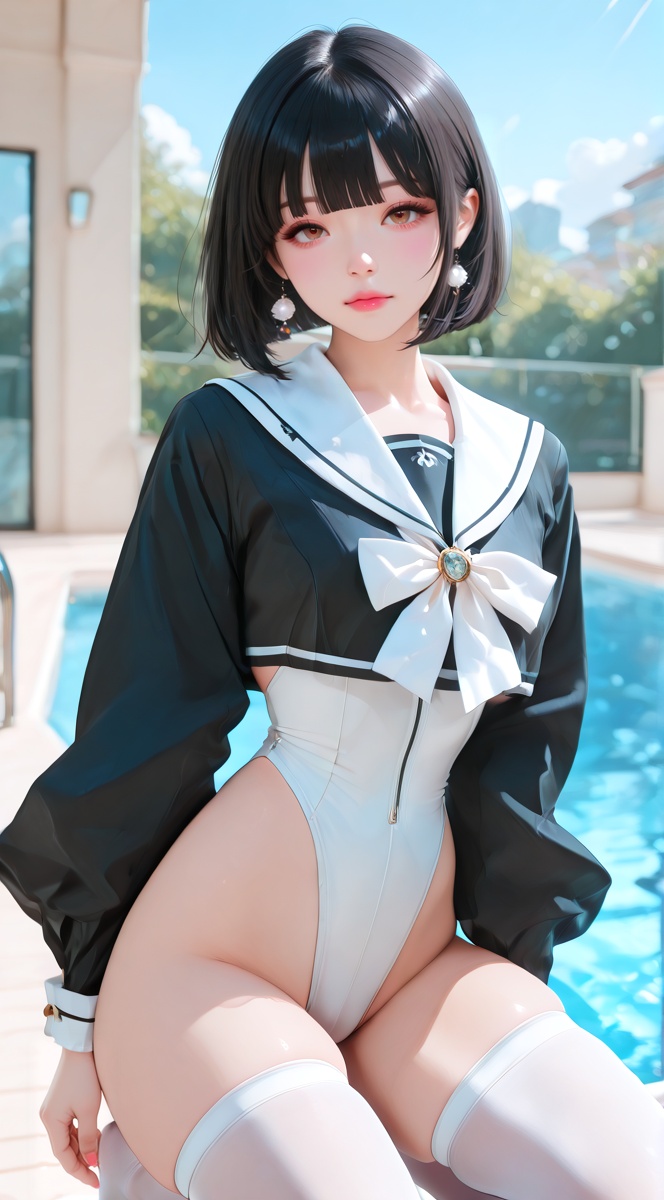 xg1,  white high-cut front-zip leotard with extreme leg cut,  black long-sleeve sailor cropped jacket featuring white sail...