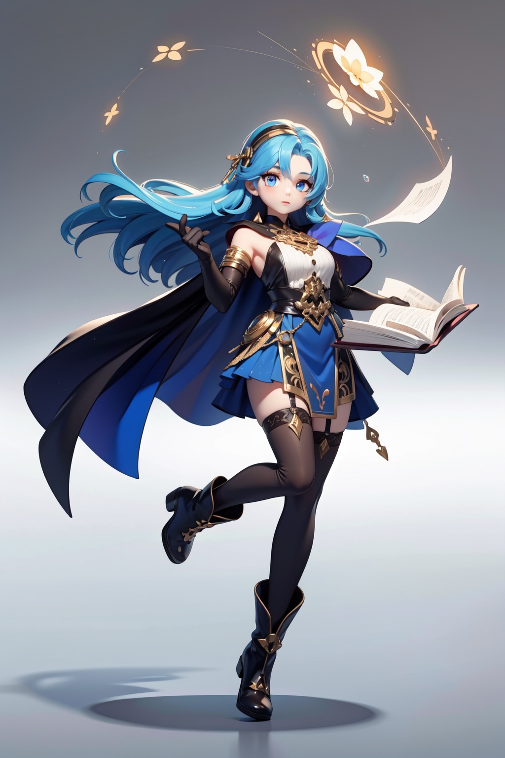 magic,Two-dimensional culture,western clothing style,original character design,game characters,1girl,solo,book,long hair,gloves,blue hair,blue eyes,floating object,gradient,thighhighs,gradient background,elbow gloves,cape,full body,open book,floating,boots,very long hair,holding,looking at viewer,dress,grey background,quill,floating book,gold trim,, masterpiece,best quality,very aesthetic,absurdres,
