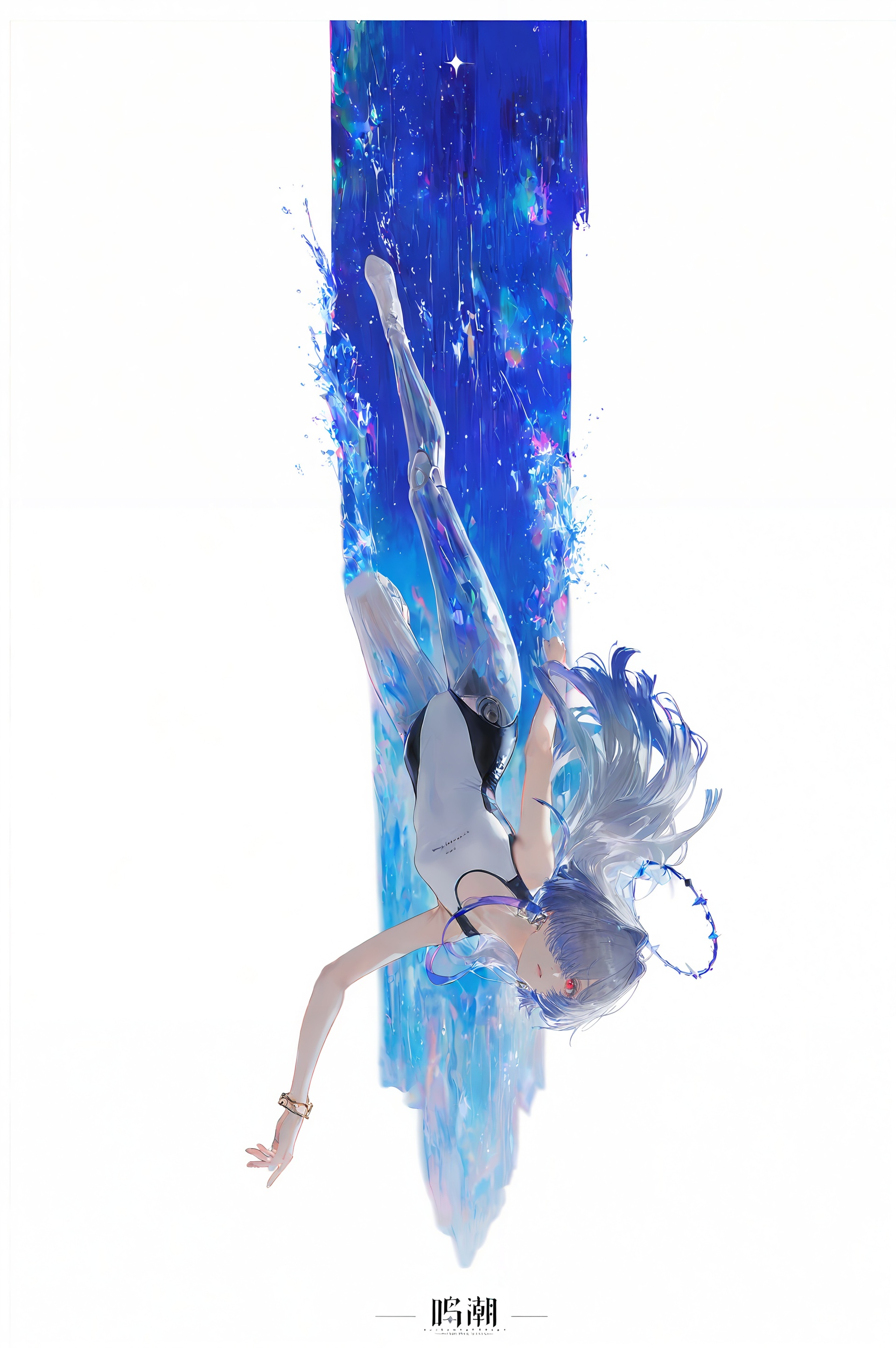 WJBZ,Realistic illustration,simple background,white background,wire,dynamic composition,out-of-focus effect,artistic out-of-focus,retro filter,texture brushstrokes,The edges of the lines are highly saturated and out of focus,accessories,dynamic composition,large perspective,the whole body,(artist:   quasarcake:0.8),depth of field,extreme aesthetic,(wlop:0.6),wanke,rella,wanke,masterpiece,best quality,good quality,newest,year 2024,year 2023,very aesthetic,absurdres,Visual impact,perspective composition,A shot with tension,ultra-high resolution,32K UHD,sharp focus,best quality,masterpiece,Emotionalization masterpiece,unconventional supreme,masterful details,with a high end texture,in the style of fashion photography,(Visual impact:1.2),giving the poster a dynamic and visually striking   appearance,impactful picture,offcial art,colorful,splash of color,movie perspective,masterpiece,best quality,amazing quality,very aesthetic,absurdres,best quality,newest,masterpiece,best quality,good quality,(((artist:Miv4t))),alternate costume,solo,looking at viewer,blush,contemporary,character name,female woman,white background,one_piece_swimsuit,\\\\\\\\\,masterpiece,best quality,1girl,\,\\\\\\\\\,<lora:Mornye-will-Tanger:0.8>,Mornye \(Wuthering Waves\),see-through legs,1girl,halo,jewelry,long hair,hair over one eye,earrings,grey hair,bracelet,red eyes,crotch joints,lower body prosthesis,full body,kick strike,falling,