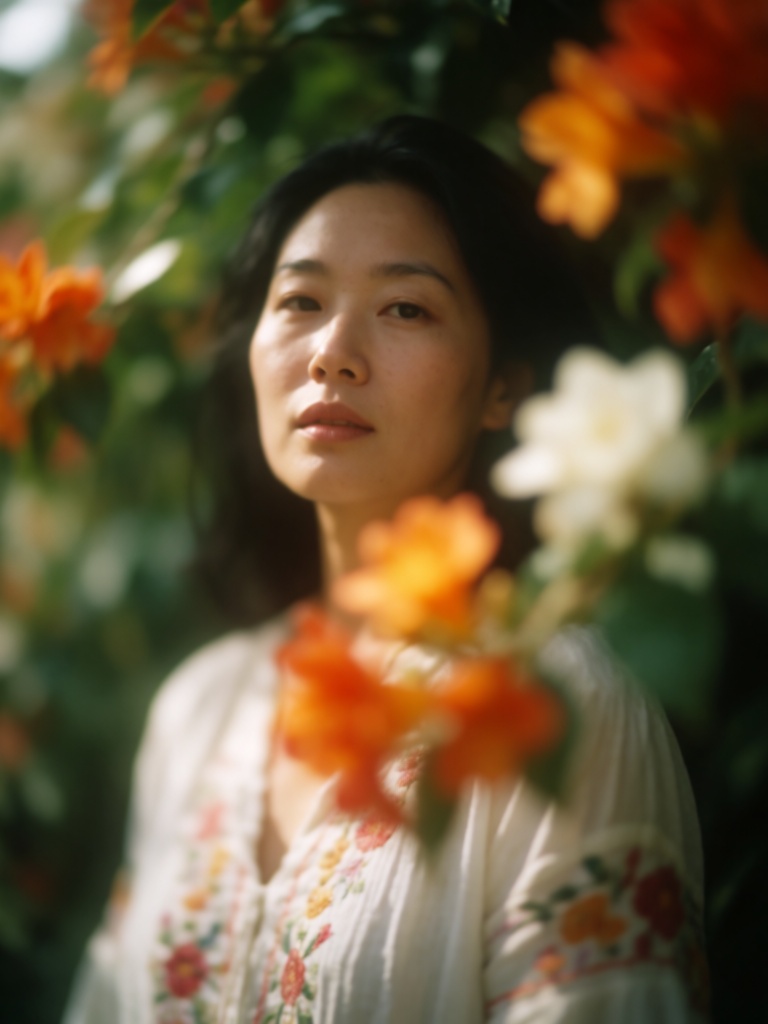 A East Asian woman stands amidst lush,  green foliage,  framed by vibrant orange and white flowers. Her dark hair contrast...