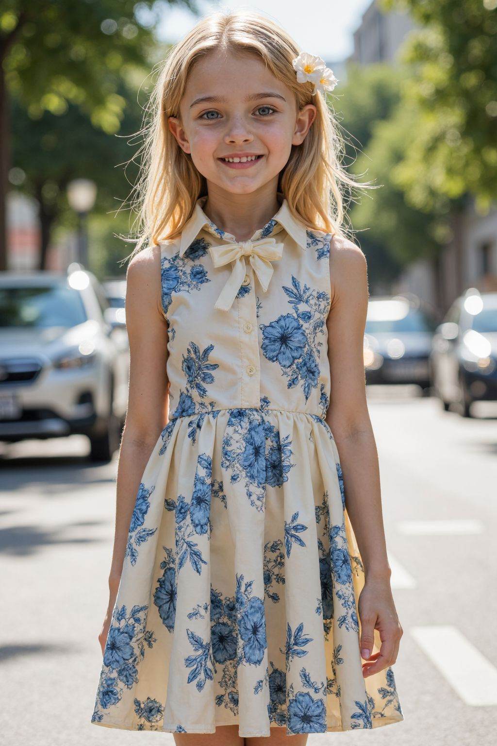 Young girl, light-skinned, blonde hair, pre-**** age range,  wearing a cream-colored, sleeveless dress with a floral print featuring intricate blue flowers and leaves. The dress has a collared neckline with a bow tie. The skirt is a full, A-line style with pleated detailing. Subject displays a pleasant, approachable expression. Her posture is relaxed and natural, standing on a city street. Street scene is visible in the background; cars and trees are present. The image is well-lit, with soft sunlight, producing natural shadows. Colors are light and airy with cream, blue, and natural tones. The atmosphere is cheerful and summery. A casual, everyday, fashion-forward style is evident. Composition focuses on the subject, with the background softly blurred to emphasize her. Perspective is straight-on, showcasing the subject from the mid-thigh up. Material of the dress appears smooth and light. Flowers are attached in her hair. The overall aesthetic is optimistic and relatable.