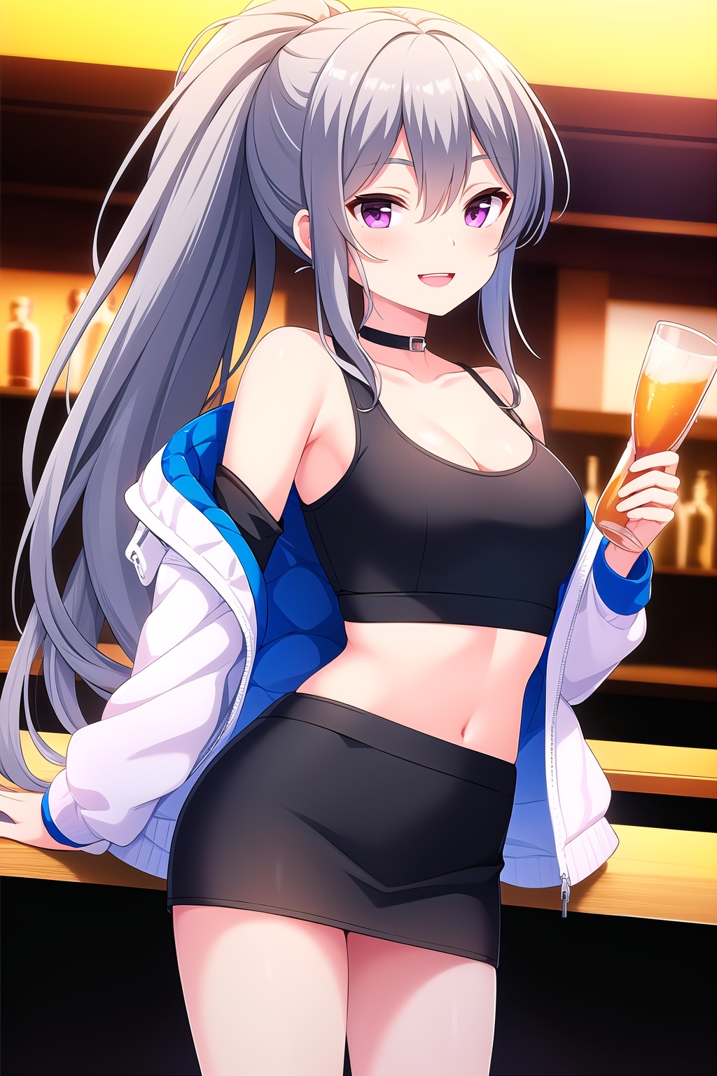 (masterpiece, best quality), highly detailed background, perfect lightingbest quality, shigetoakiho, solo, indoors, bar \(place\), grey hair, high ponytail, hair between eyes, very long hair, purple eyes, medium breasts, black choker, white jacket, off shoulder, open jacket, black shirt, black **** top, crop top, cleavage, bare shoulders, long sleeves, black skirt, miniskirt, smile, open mouth, :d, pink lips, <lora:Shigeto-Akiho:0.7>