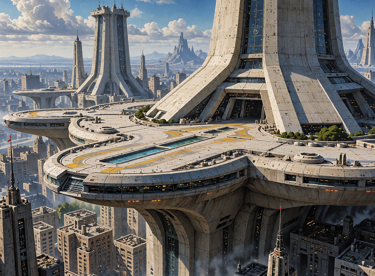 A monumental futuristic capital city built in massive brutalist concrete forms,  elevated plazas,  giant towers on Tensor.Art