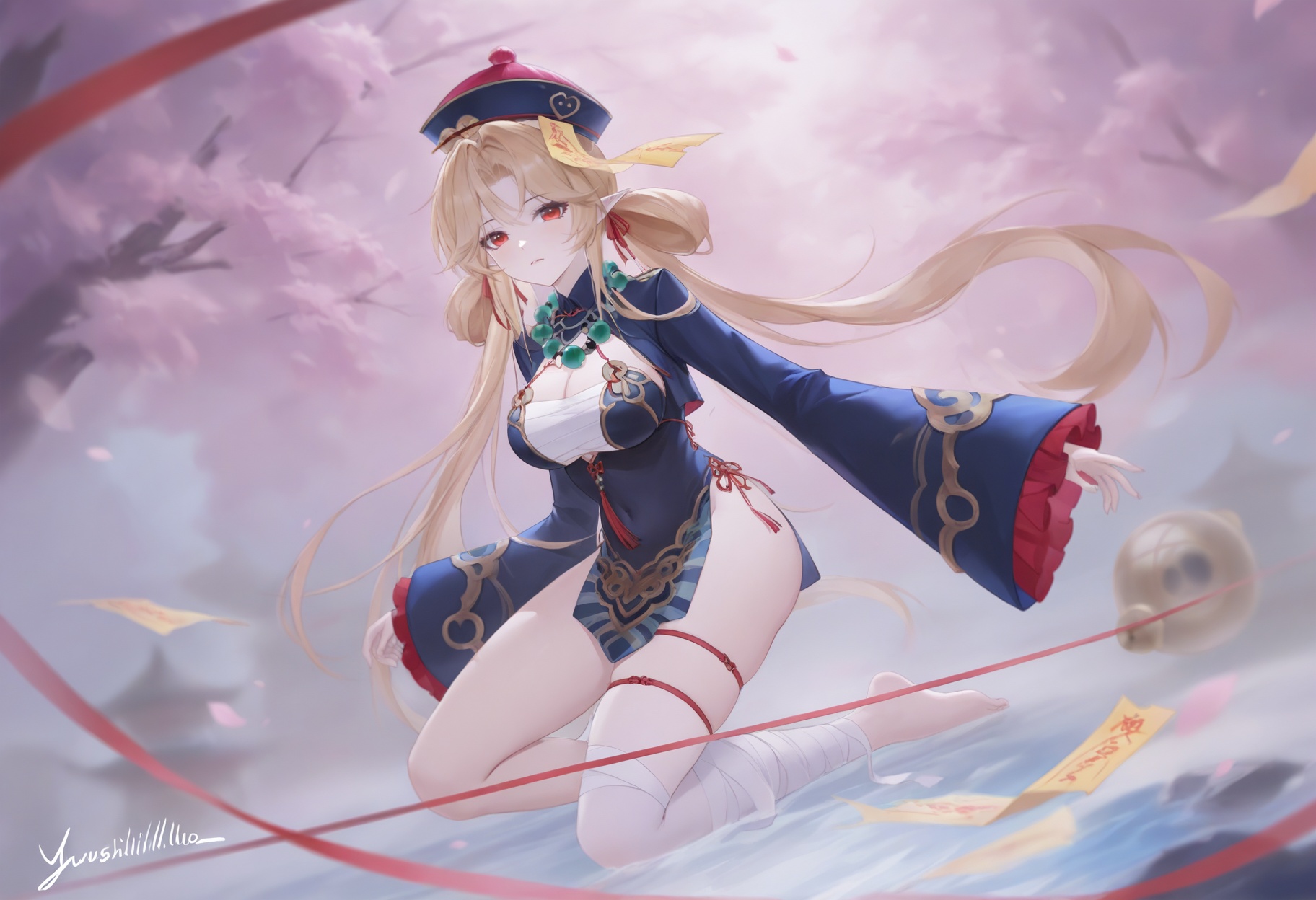 front view,((((full_body:1.4)))),(artist:kousaki rui:0.4),(artist:agm:0.6),(artist:arutera:0.6),masterpiece,hyper quality,amazing quality,absurdres,signature,(((((signature:yushililuo:1.5))))),<lora:九幽离魄·希望神女:1>,xiwang,1girl,long hair,bangs,blonde hair,red eyes,hat,ribbon,hair ribbon,pointy ears,red ribbon,ofuda,talisman,breasts,cleavage,jewelry,necklace,hair rings,beads,jiangshi,bead necklace,qing guanmao,large breasts,thighhighs,gloves,long sleeves,dress,very long hair,jacket,white gloves,white thighhighs,hat,barefoot,pointy ears,wide sleeves,bandages,single thighhigh,bandaged leg,jiangshi,