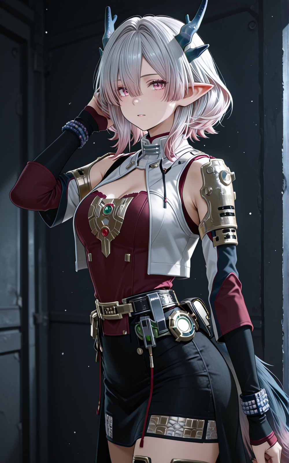 dragon horns + gradient fox tail,  silver-pink short hair,  pink eyes on Tensor.Art