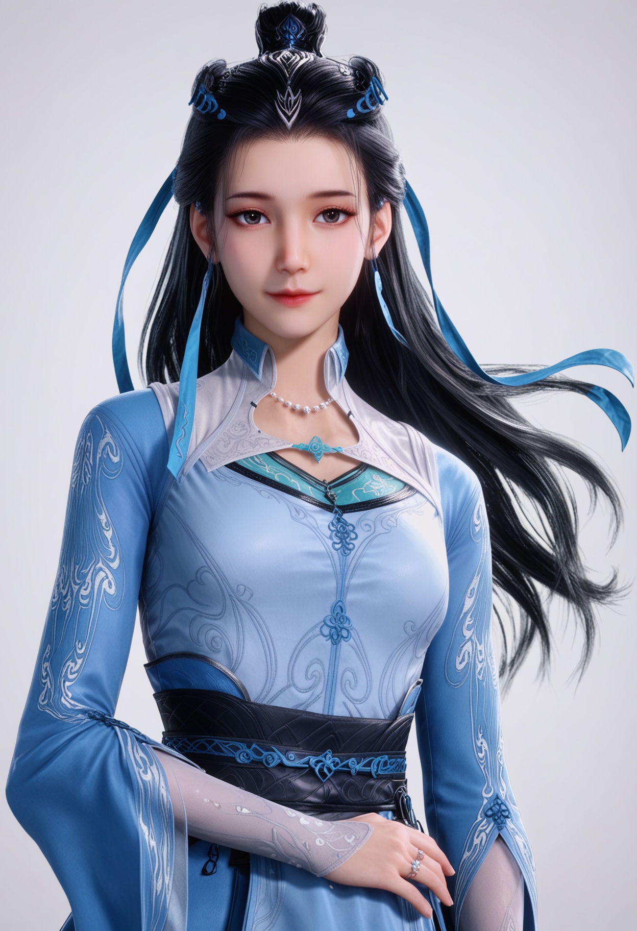score_9,high detail,best quality,cinematic lighting,volumetric lighting,shiny skin,shiny,wanjiangyu,1girl,solo,black eyes,black hair,long hair,dress,earrings,blue dress,white background,realistic,jewelry,hair ornament,necklace,simple background,closed mouth,long sleeves,hair bun,smile,sash,hair ribbon,looking at viewer,thighs,<lora:Pony_DetailV2.0:0.8>,<lora:皮肤凹痕:0.1>,<lora:QQSponywanjiangyuV1:0.8>,