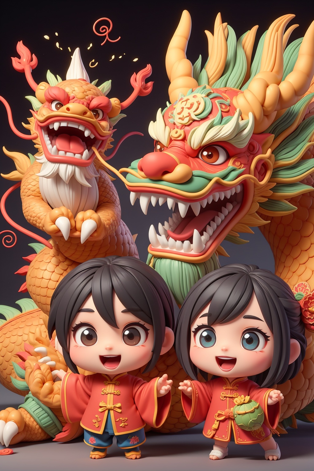 open mouth, eastern dragon, dragon, black hair, chinese clothes, smile, monster, chinese new year, teeth, black eyes, multiple girls <lora:kim_真龙_2:0.8>
