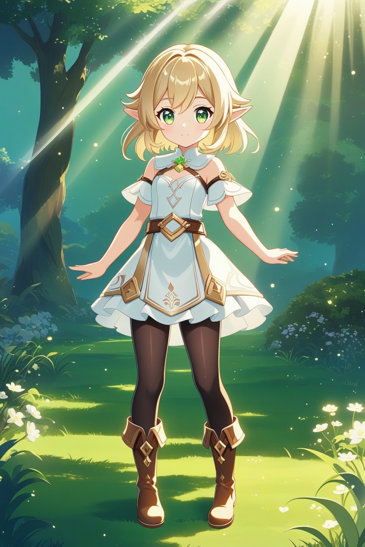 Cute anime elf girl in a white dress with a golden belt, long legs wearing brown boots and black tights standing on the lawn, green eyes, sunlight shining through her hair, in the style of Genshin Impact art, cute cartoon character.