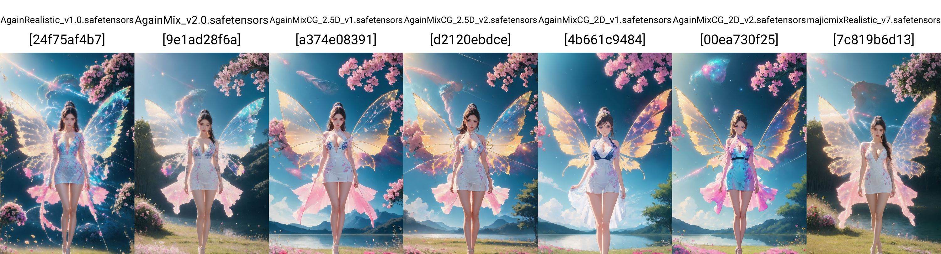 1girl,white see-through dress,short skirt,(very long legs:1.1),(legs apart:1.2),cleavage,tattoo,nebula,(painted clothes:1.3),standing,(transparent wings:1.3),high heels,high ponytail hanging down to the shoulders,lake,flowers,flowers meadows,grasslands,day,sunny sky,outdoors,<lora:Again_Style_2:1>