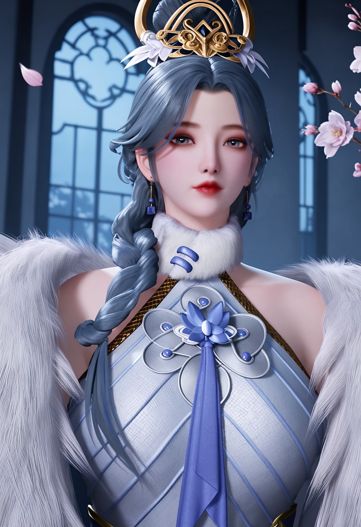 (upper_body:1.2),(gigantic breasts:0.7),(looking at viewer:1.1),facing viewer,direct gaze,(masterpiece:1.1),(best quality:1.2),(intricate details),(smog:1.3),(Dark room:1.3),(dim lighting:1.3),peach blossom,falling petals,<lora:YQ_Illustrious光辉v5_冥土始祖_烛_V1:0.9>,1girl,q1528437228,solo,long hair,braid,hair ornament,jewelry,earrings,dress,grey hair,fur trim,blue hair,grey eyes,hair bun,black hair,masterpiece,(best quality),(intricate details:0.9) BREAK (intricate details:0.9),(realistic skin:1.2),masterpiece,best quality,newest,absurdres,hiahres,