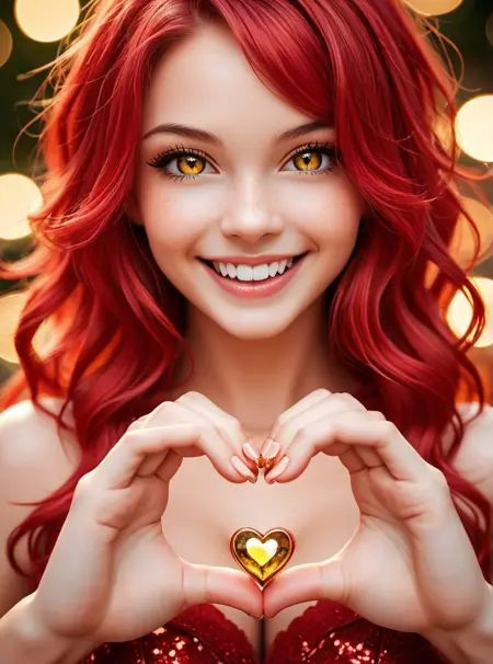 angelic, lovely 1girl, masterpiece, gold eyes, red hair, dragon girl, ((((fang)))), tongue, upper body, close-up, cleavage, heart hands, smile, looking at viewer, smug, , bokeh , partical effects in background, depth of field, excessive attractive and cute, pure bliss , abstract, insane